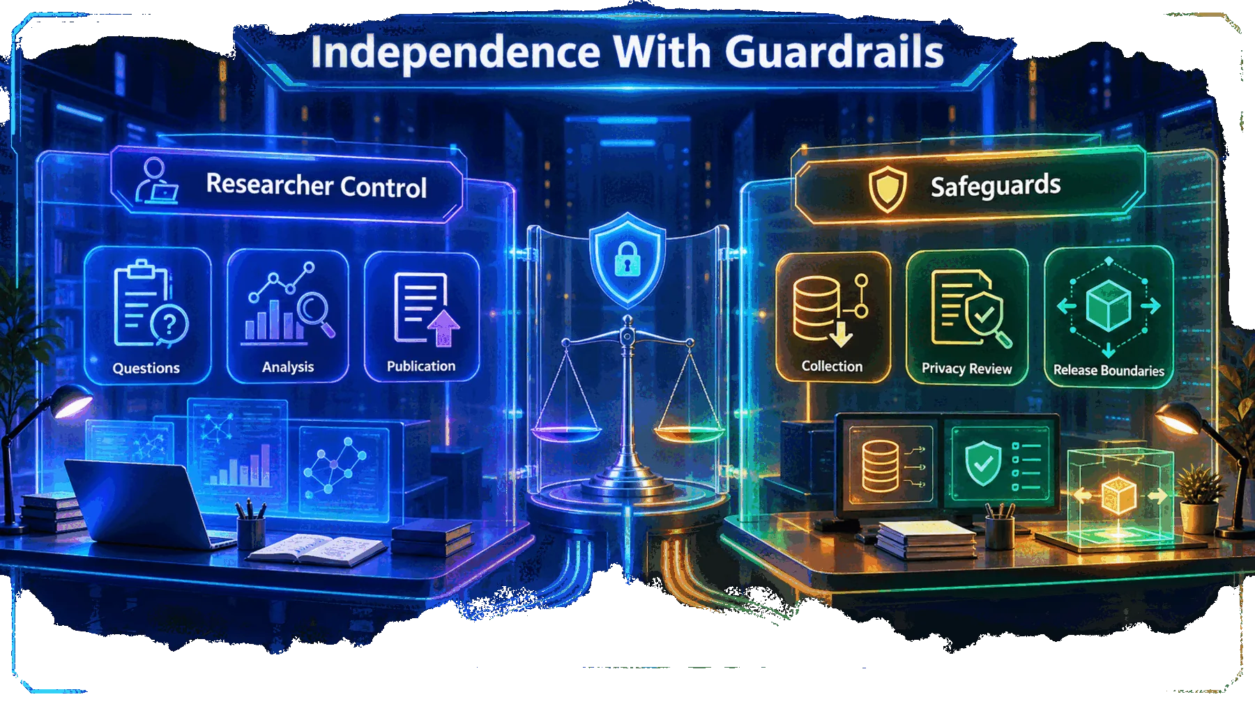 A balanced comparison of researcher control and collection, privacy and release safeguards.