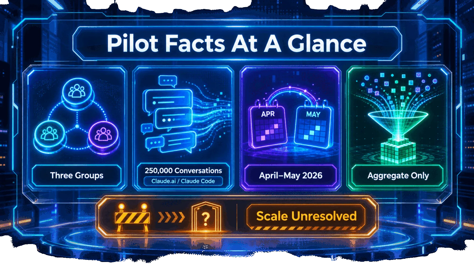 A fact strip summarising the research pilot’s groups, conversation volume, dates, aggregate-only outputs and unresolved scale.