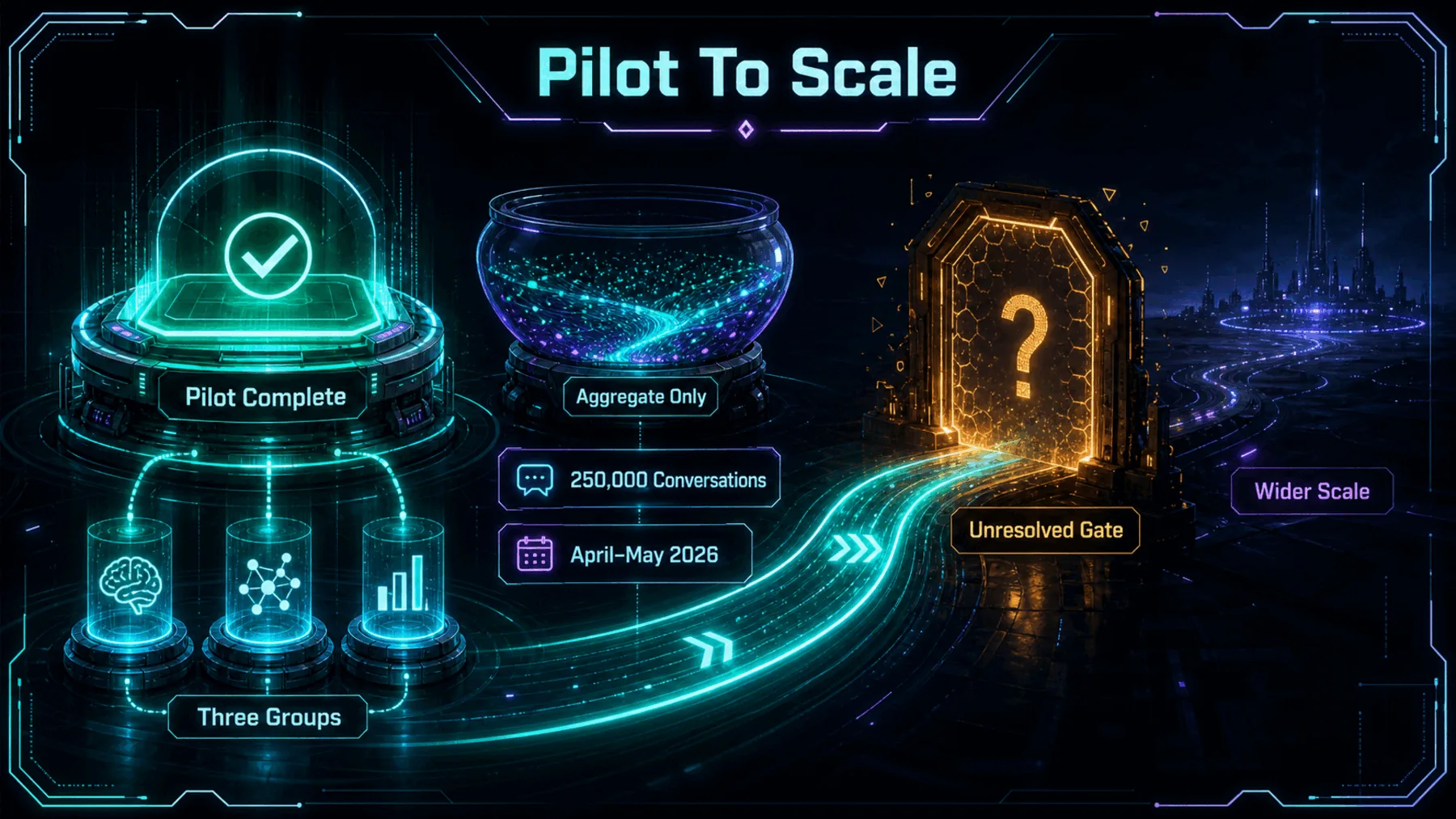 A completed research pilot with three groups and aggregate-only outputs reaches an unresolved wider-scale gate.