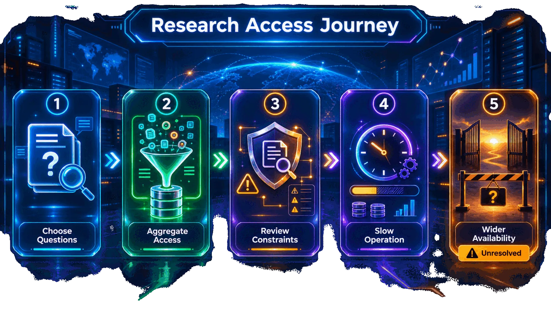 A five-stage researcher access journey from choosing questions to an unresolved wider-availability gate.