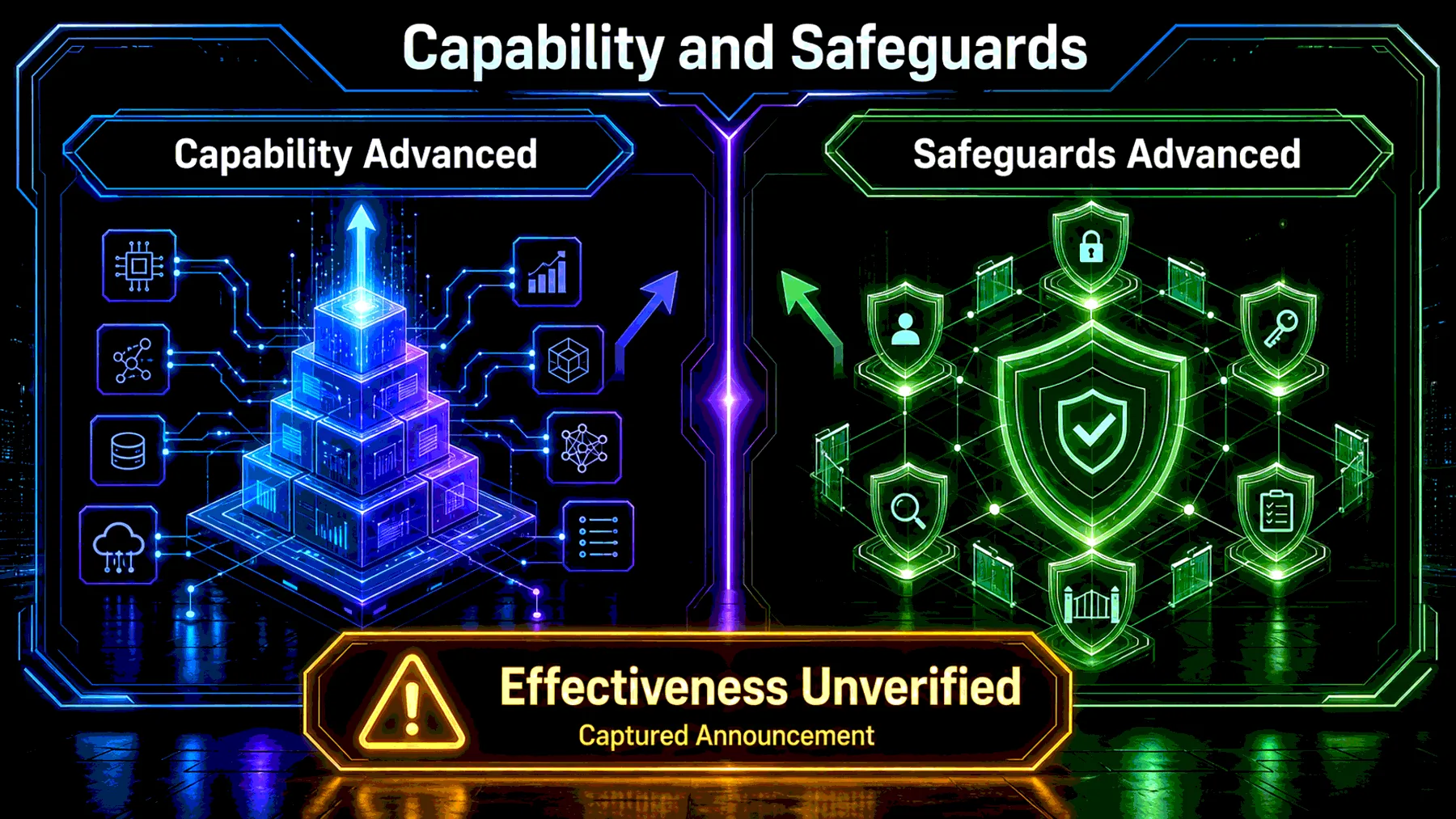 Comparison of announced capability and safeguards with effectiveness clearly marked unverified.