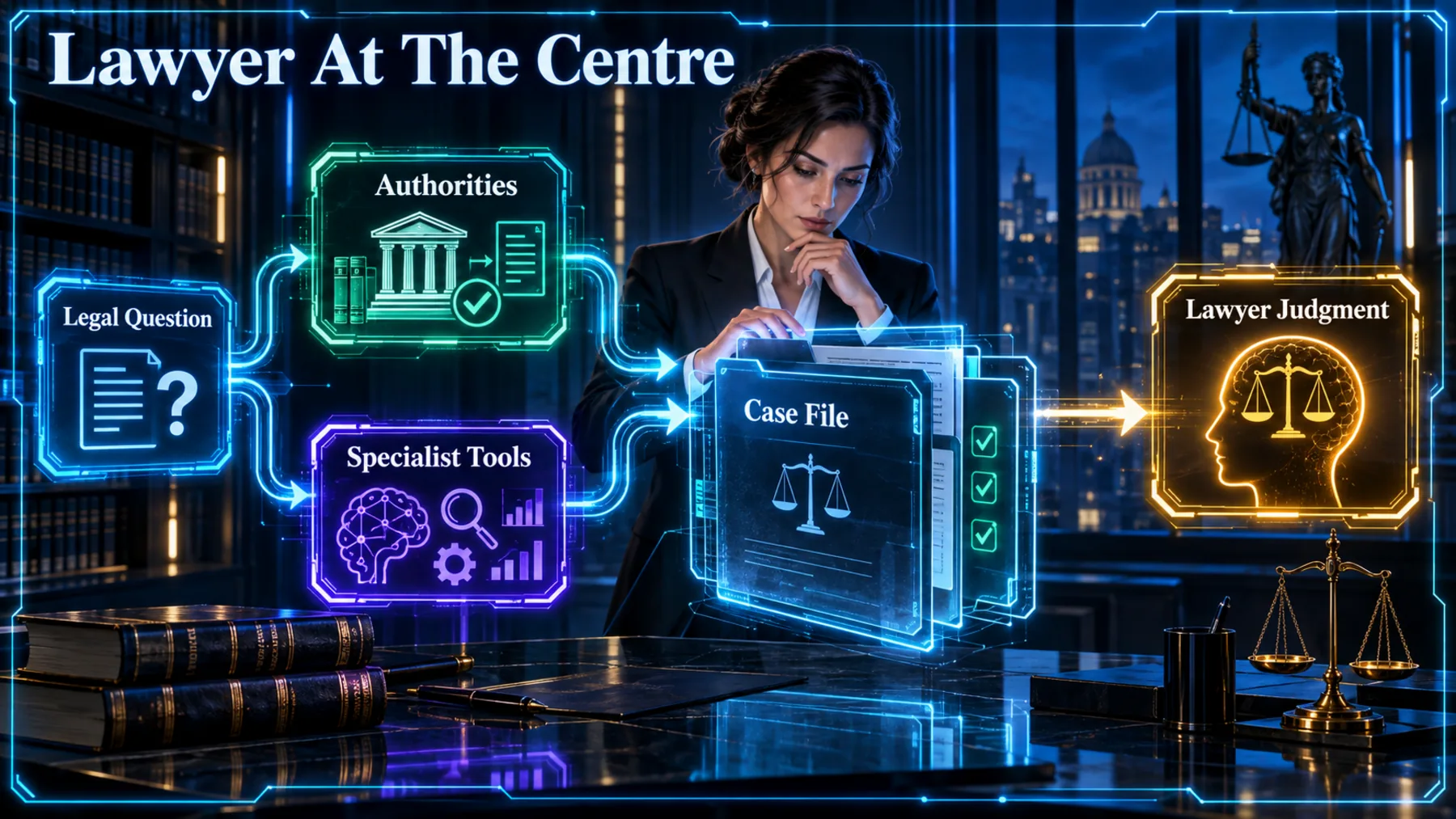 A lawyer at the centre of a layered legal research system, with authorities and specialist tools converging on a case file before lawyer judgment.