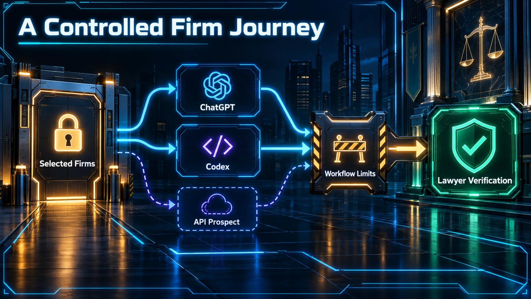 A controlled rollout journey from selected firms through ChatGPT, Codex and prospective API access to workflow limits and lawyer verification.