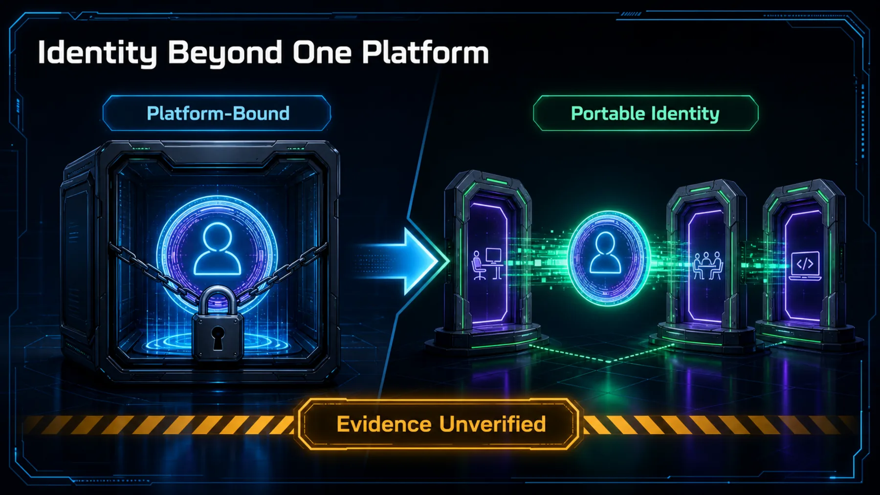 A comparison between platform-bound identity and portable identity, with the evidence boundary clearly marked.