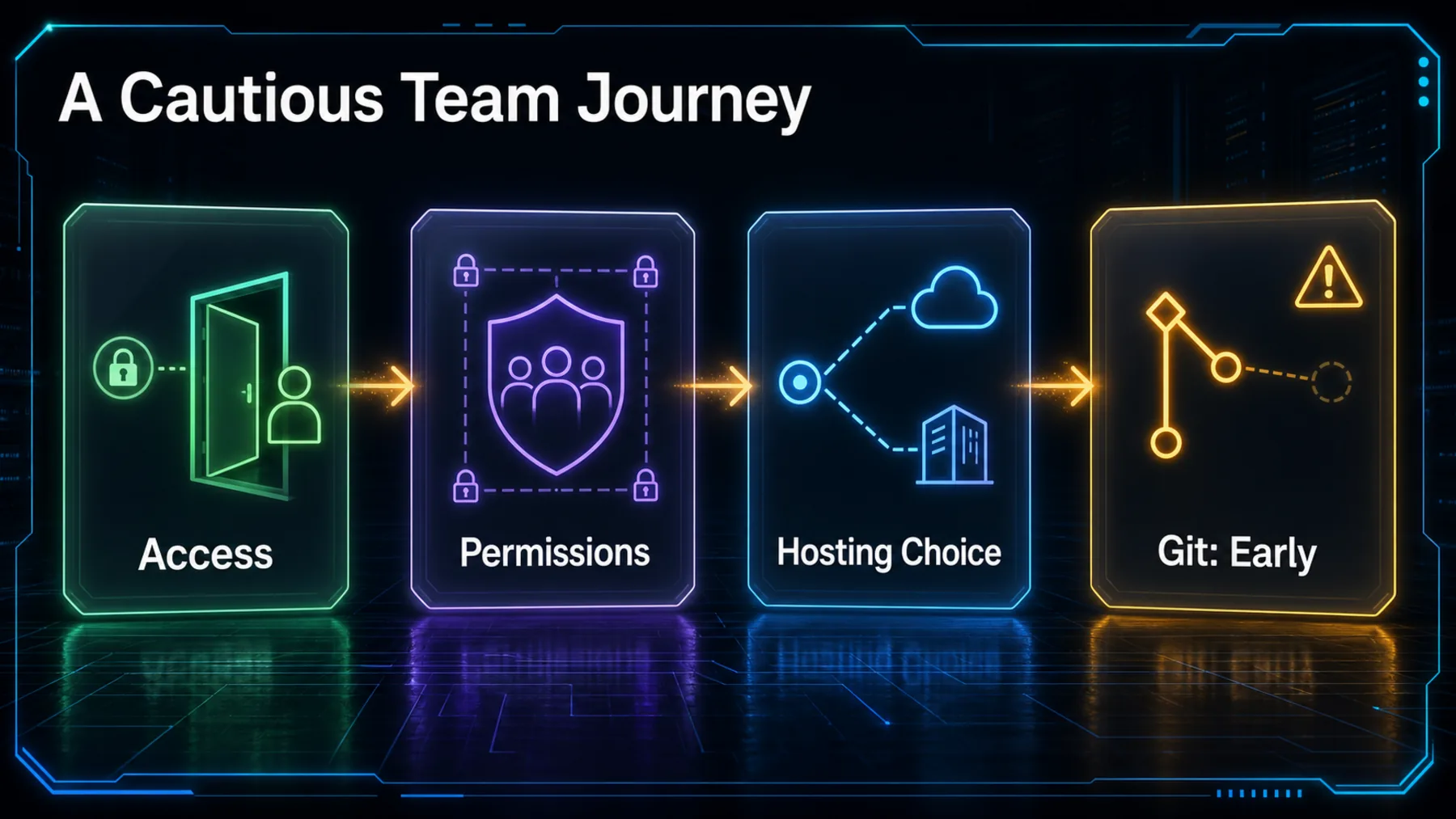 A cautious four-stage team journey through access, permissions, hosting choice and early Git integration.