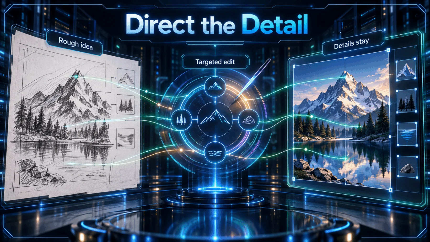 A rough mountain-lake sketch transforms through a targeted edit control into a refined image while its main details remain connected.