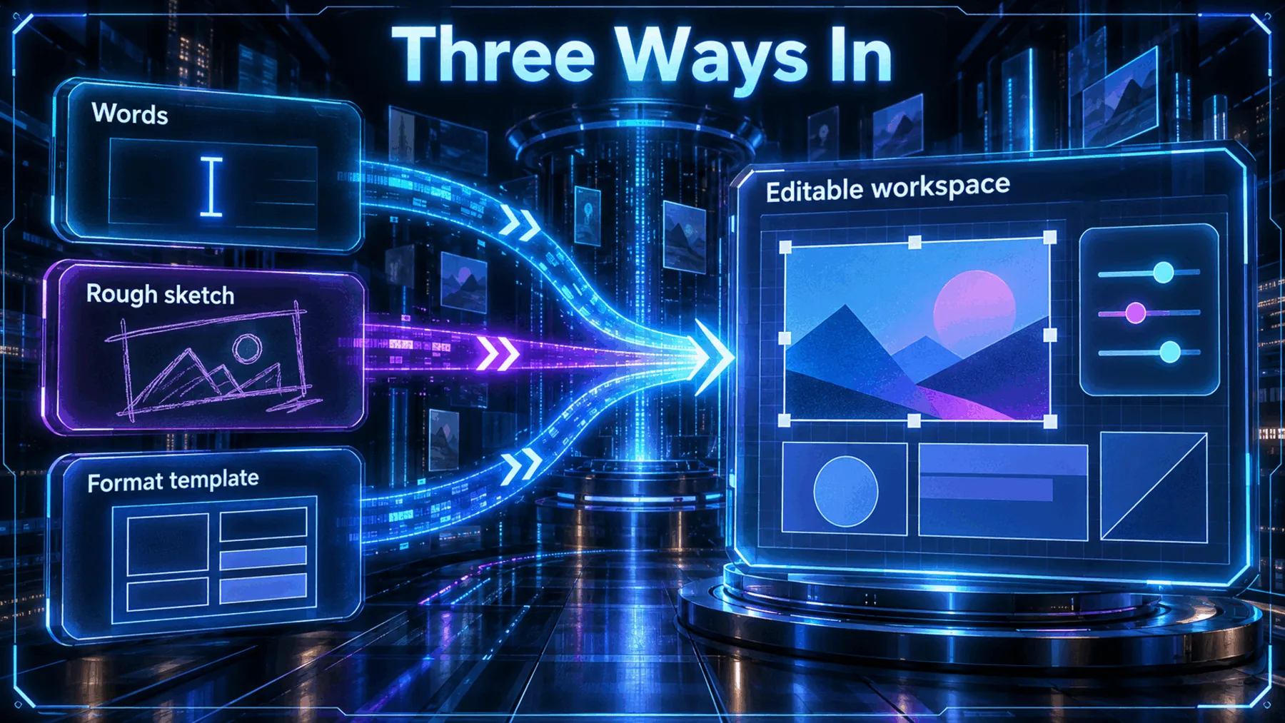 Three input routes—words, rough sketch and format template—converge into an editable creative workspace.