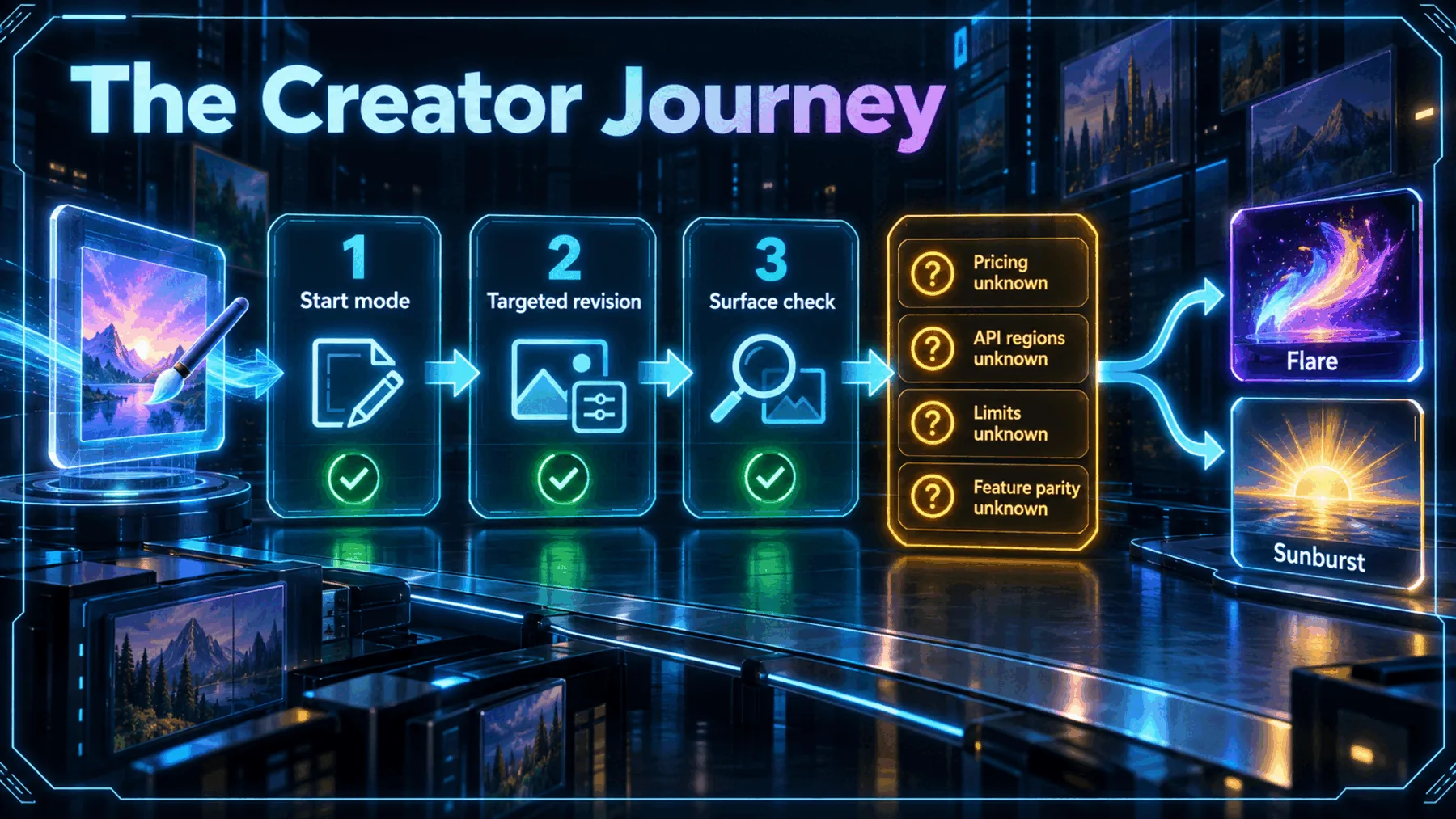 A neon left-to-right creator journey from starting mode through revision and checks to unknown rollout factors and two creative paths.