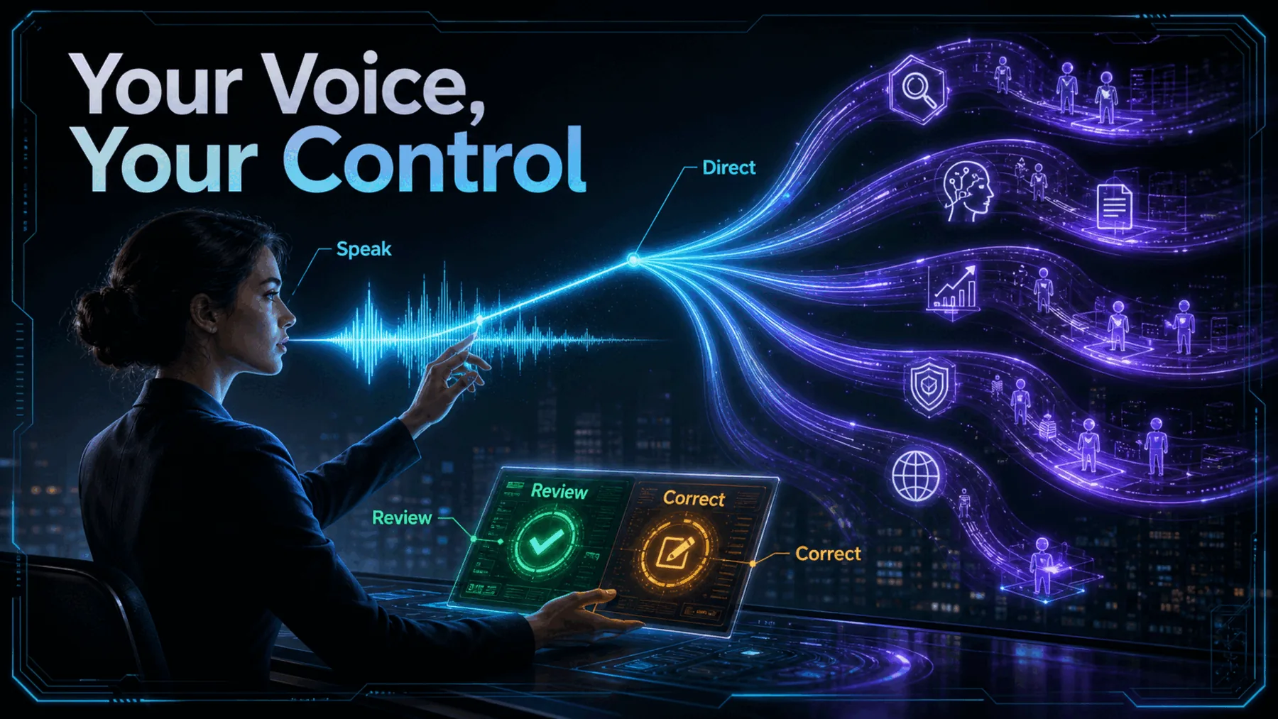 A person uses voice to direct several work-agent paths while retaining review and correction controls.