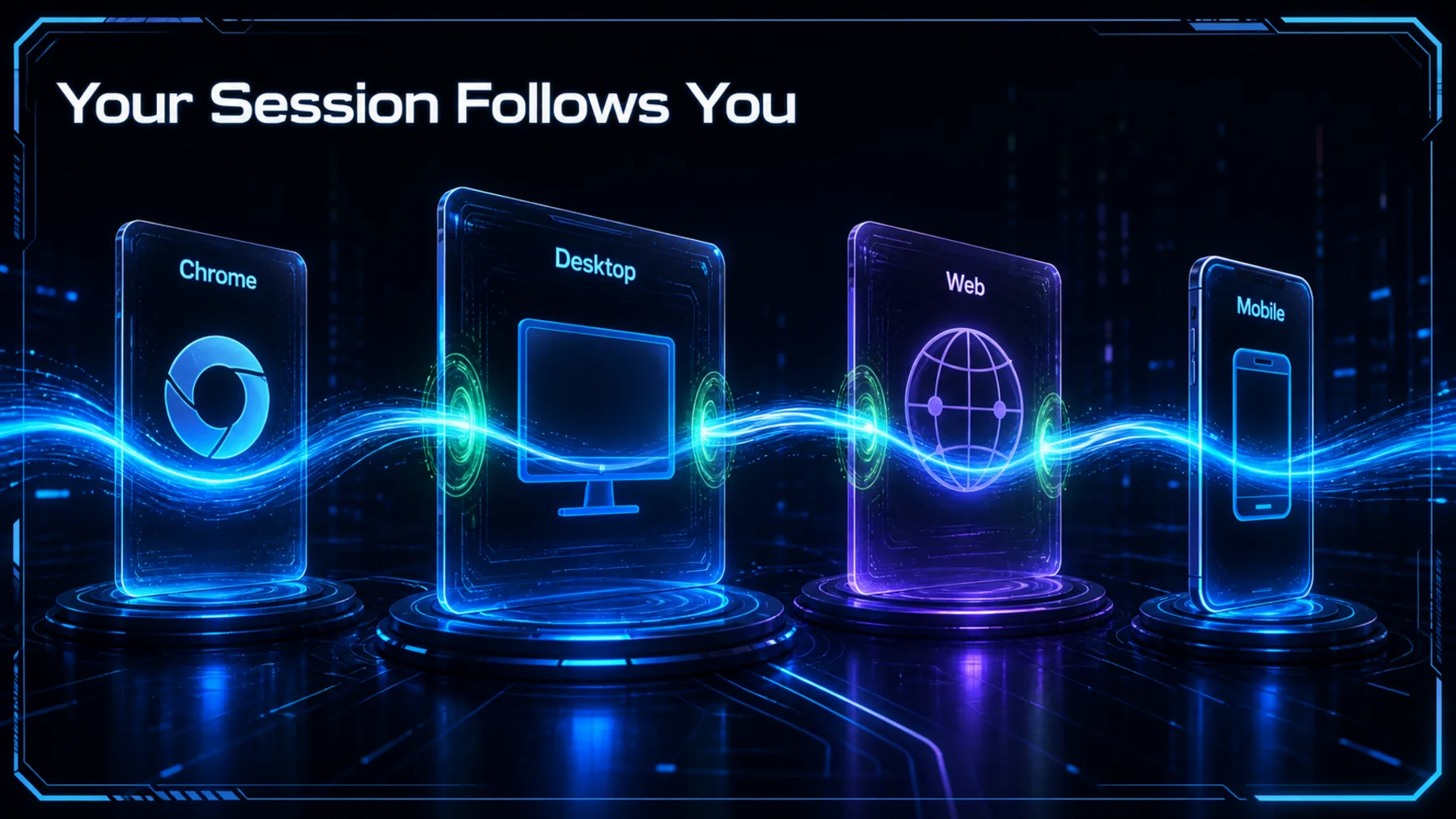 One luminous task thread travels continuously through Chrome, desktop, web and mobile surfaces.