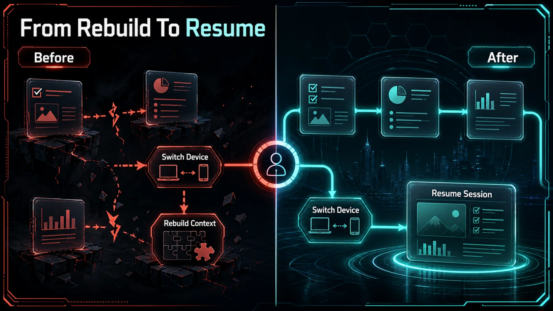 A split comparison contrasts rebuilding context after a device switch with resuming one continuous session.