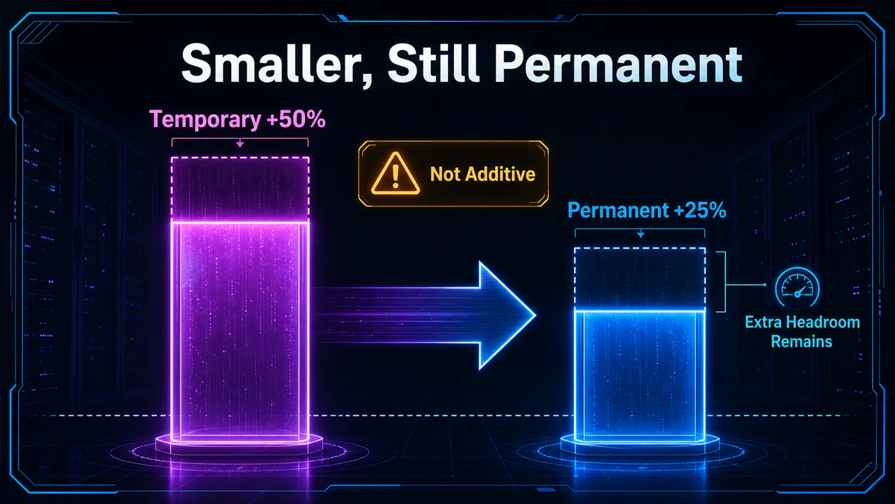 Illustrative comparison showing that the permanent 25% increase is smaller than the temporary 50% boost while retaining extra headroom.
