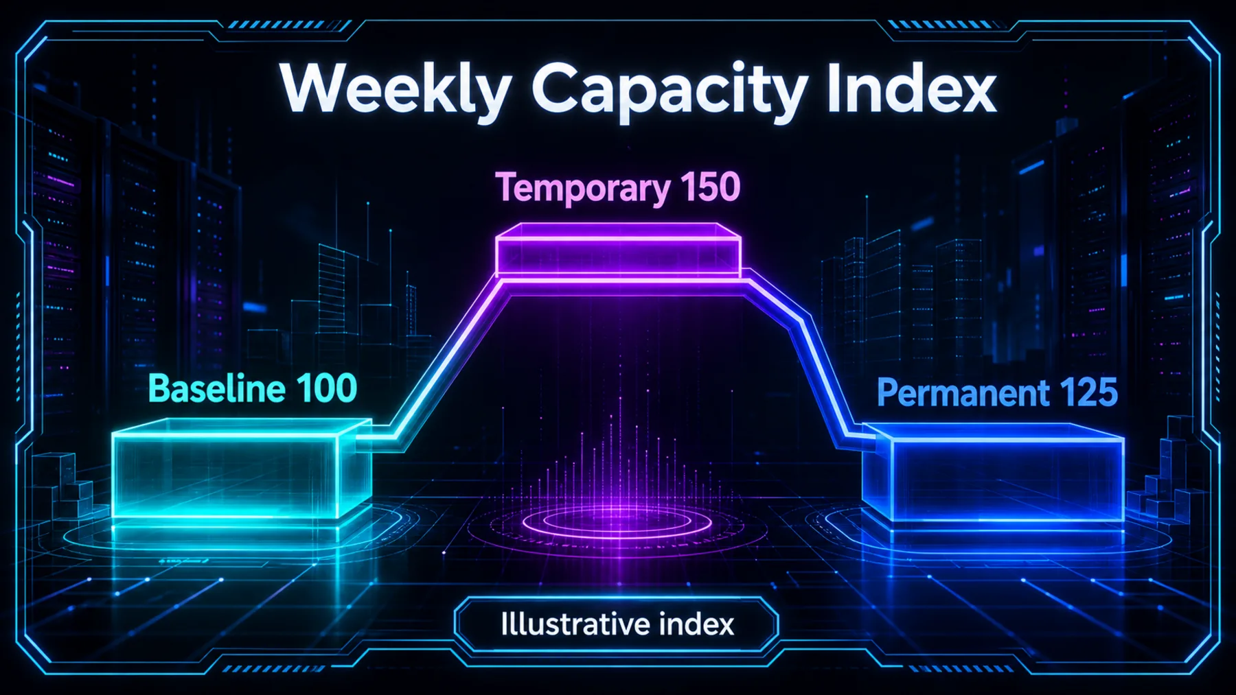 Illustrative weekly-capacity index showing baseline 100, a temporary 150 peak, and a permanent 125 state.
