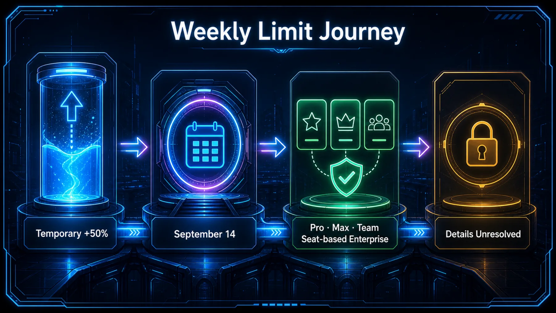 Illustrative journey from temporary 50% headroom through September 14 to named eligible plans and unresolved details.