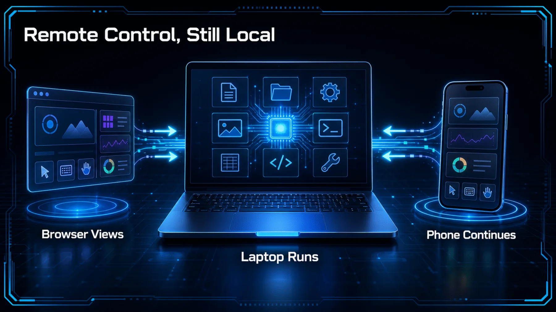 Laptop as the local execution centre, linked to browser and phone remote surfaces.