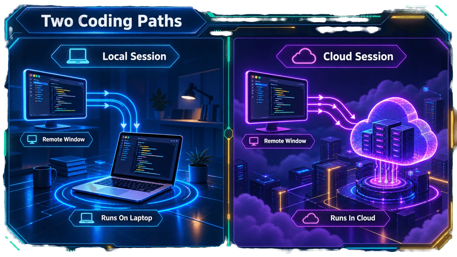 Neutral two-column comparison between a laptop-local session and a cloud-hosted session.