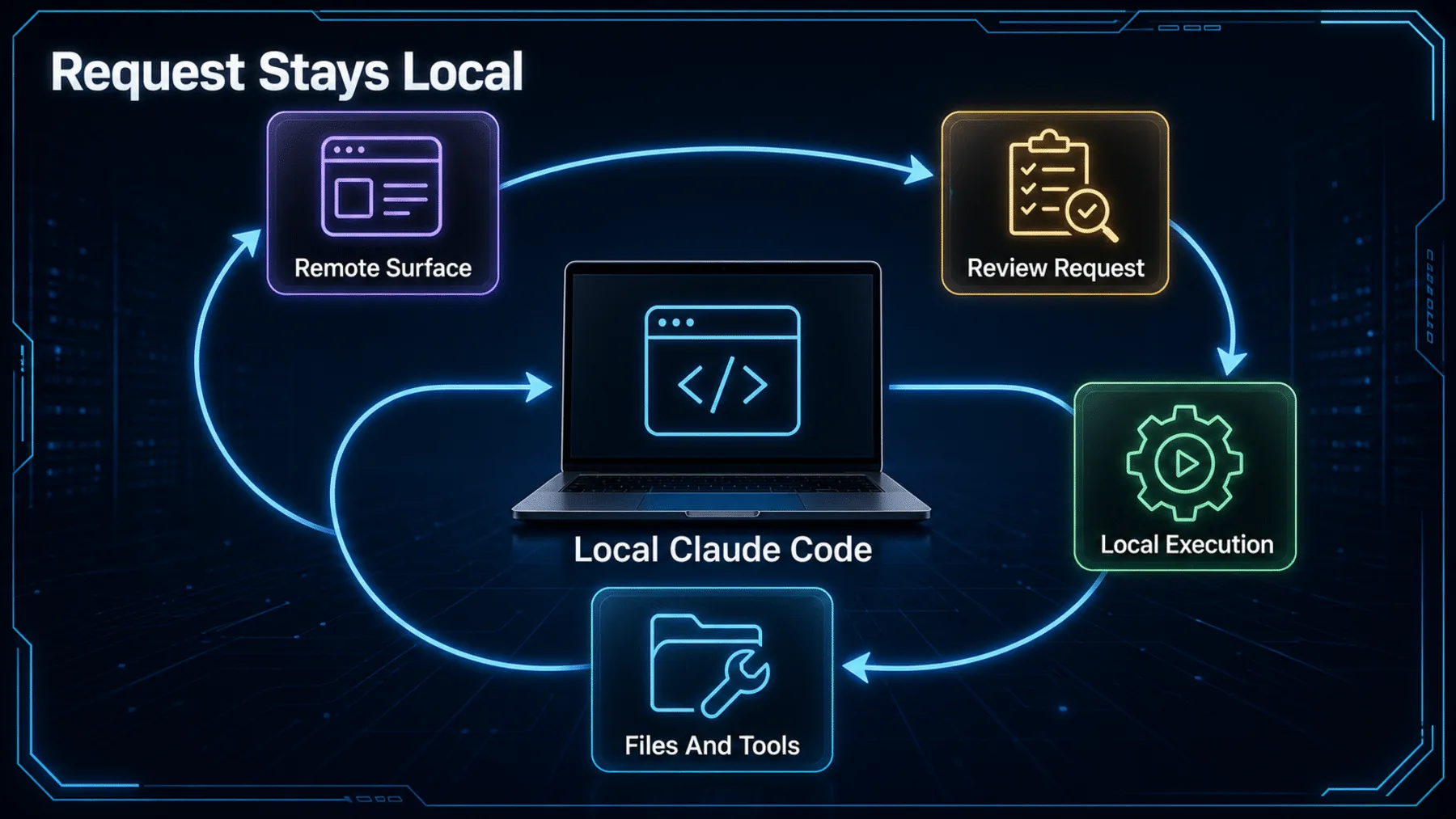 Closed request flow linking local Claude Code, a remote surface, review, local execution and local files and tools.
