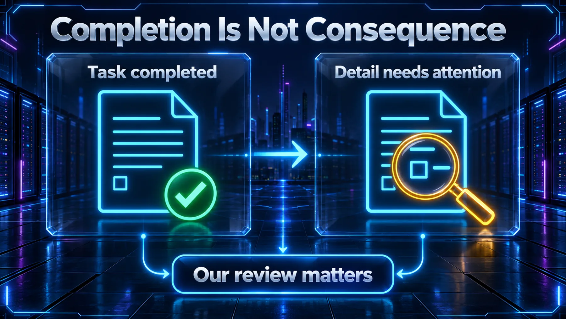 Two generic editorial cards contrast task completion with a consequence detail needing our review.