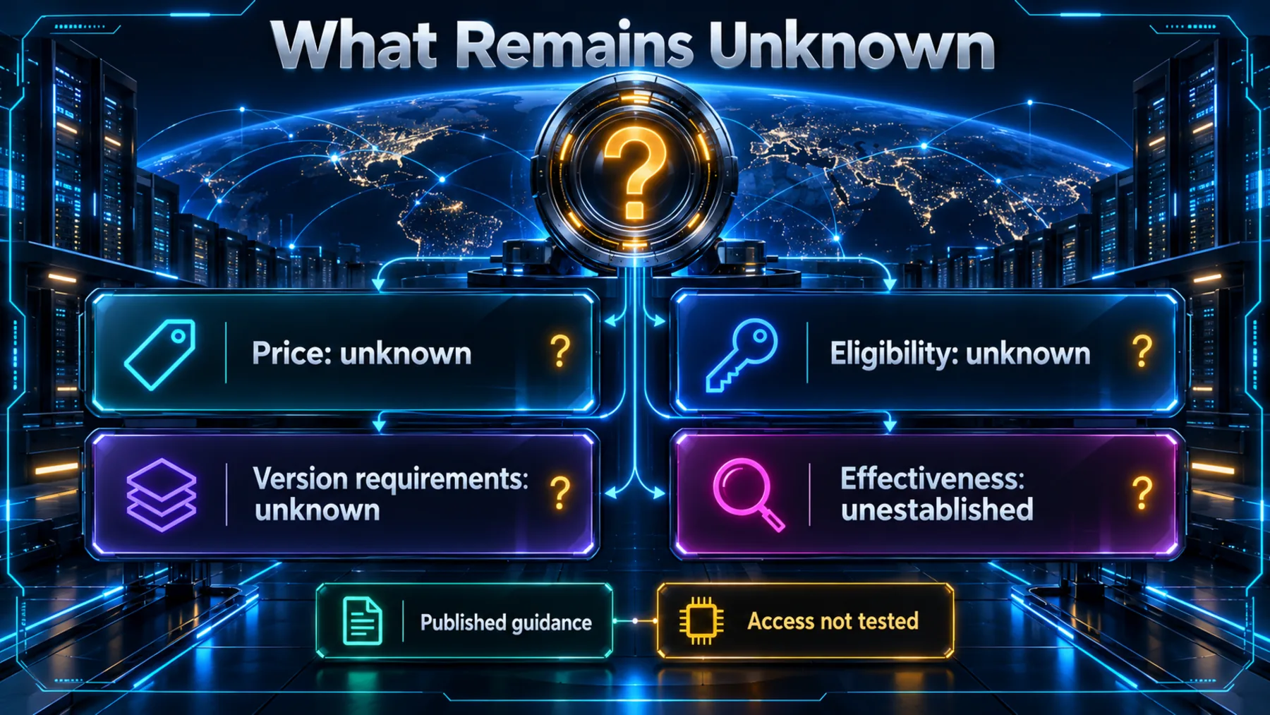 Four explicit announcement unknowns: price, eligibility, version requirements and effectiveness; published guidance does not establish tested access.