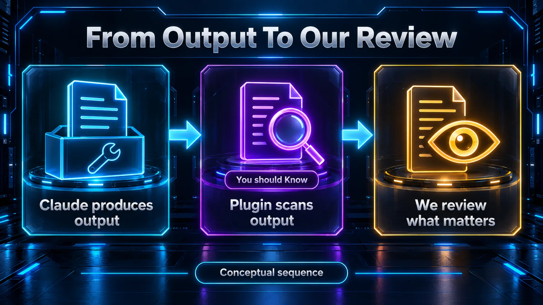 Conceptual three-stage flow: Claude produces output, You should Know scans it, and we review what matters.