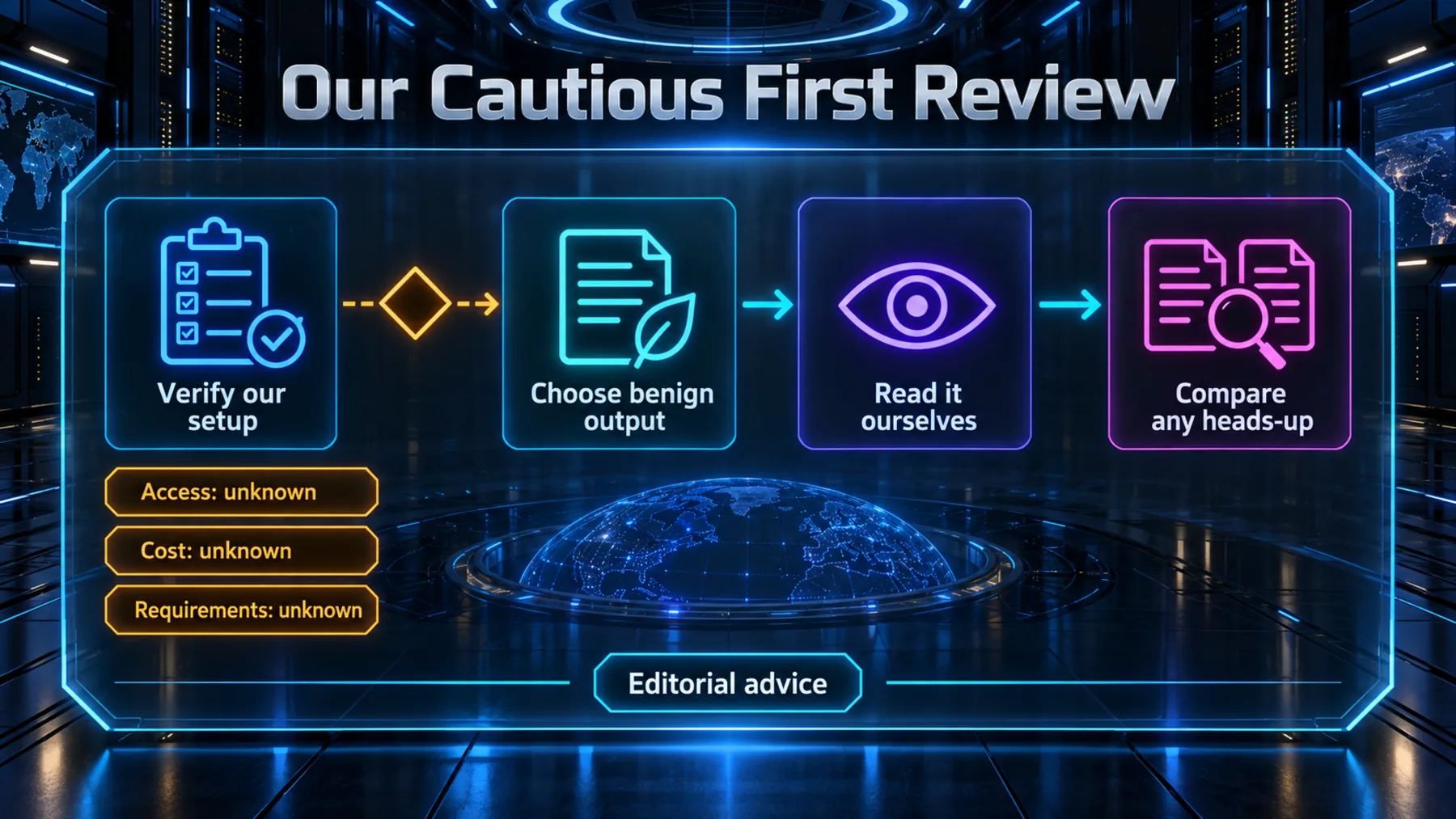 Conditional editorial review path: verify setup, choose benign output, read it ourselves and compare any heads-up, with access, cost and requirements unknown.