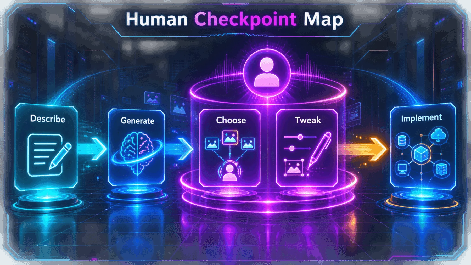 A human-controlled checkpoint map around the choose and tweak stages.