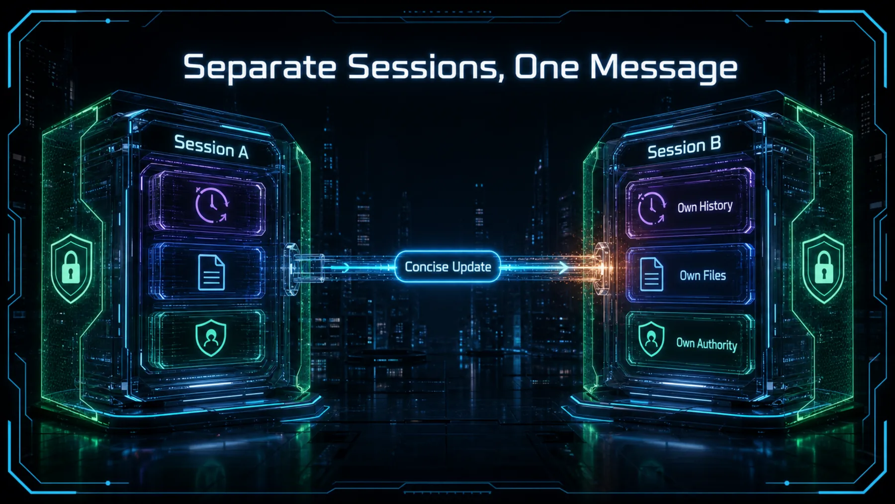 Two distinct coding sessions exchange one concise update while retaining separate histories, files and authority.