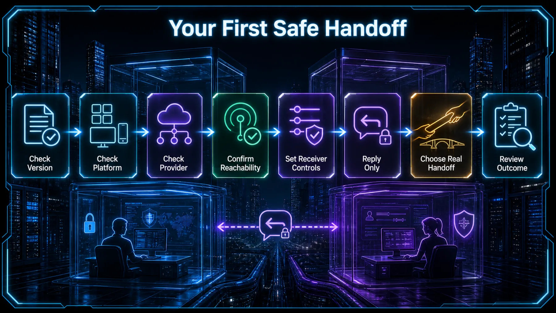 Eight-checkpoint operator journey from compatibility checks through receiver controls to a consequential handoff and outcome review.
