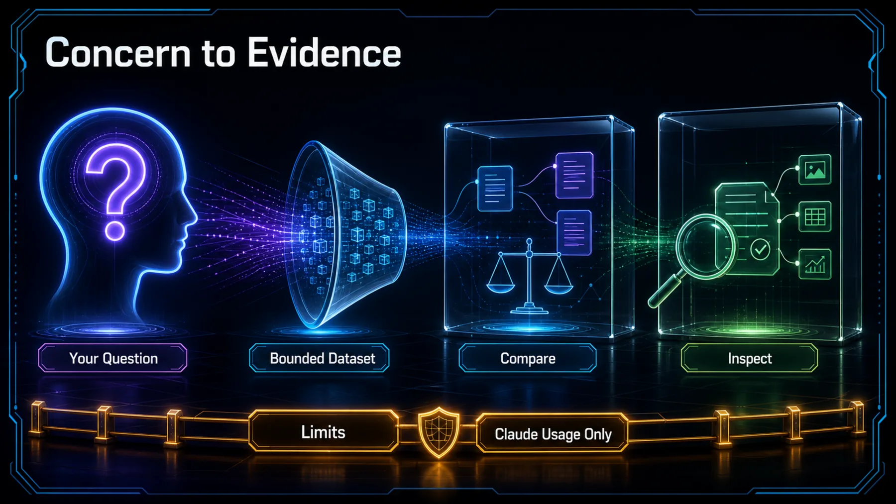 A broad personal question narrows through a bounded dataset into comparison and inspection, with clear limits to Claude usage only.