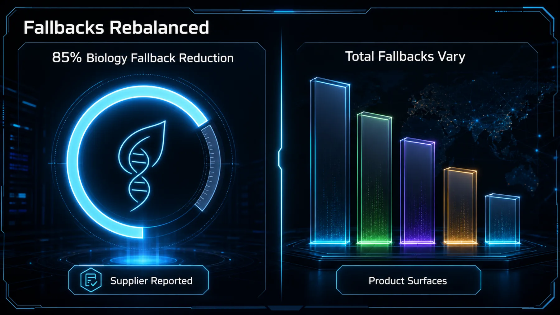 A supplier-reported 85% biology fallback reduction is separated from varying fallback effects across product surfaces.