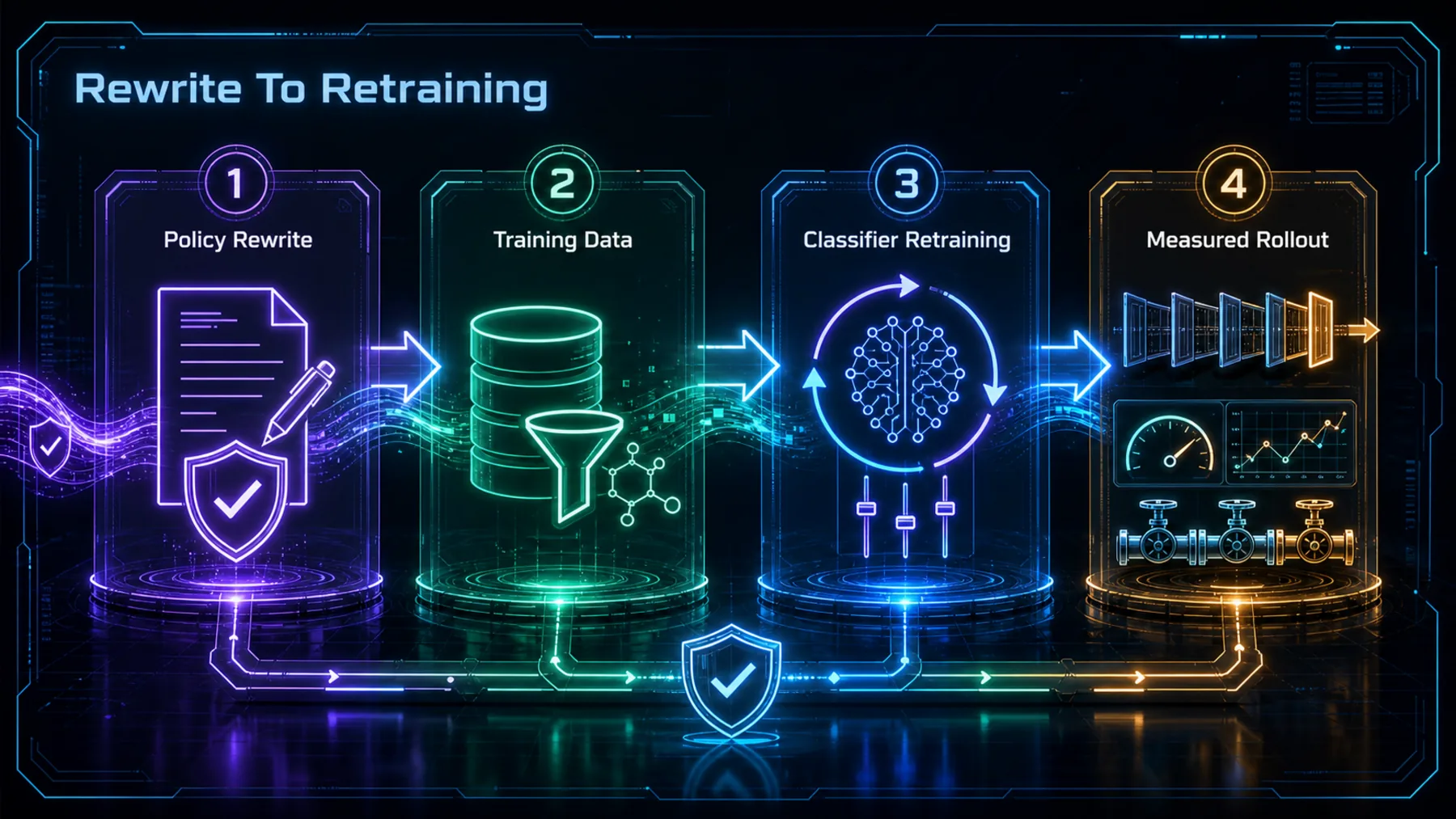 A four-stage sequence moves from policy rewrite through training data and classifier retraining to measured rollout.