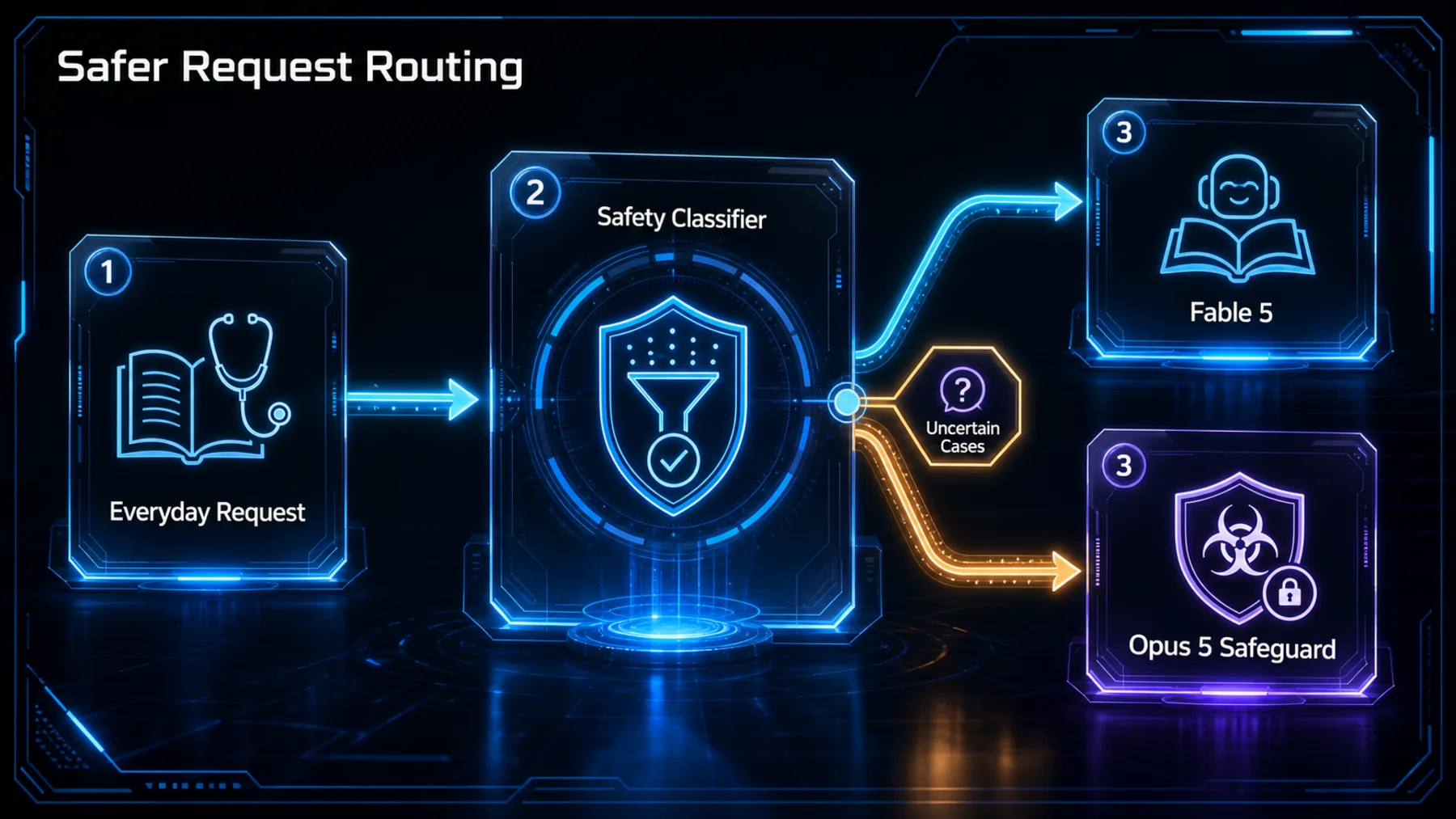 A request enters a safety classifier, then routes to Fable 5 or an Opus 5 safeguard for uncertain cases.