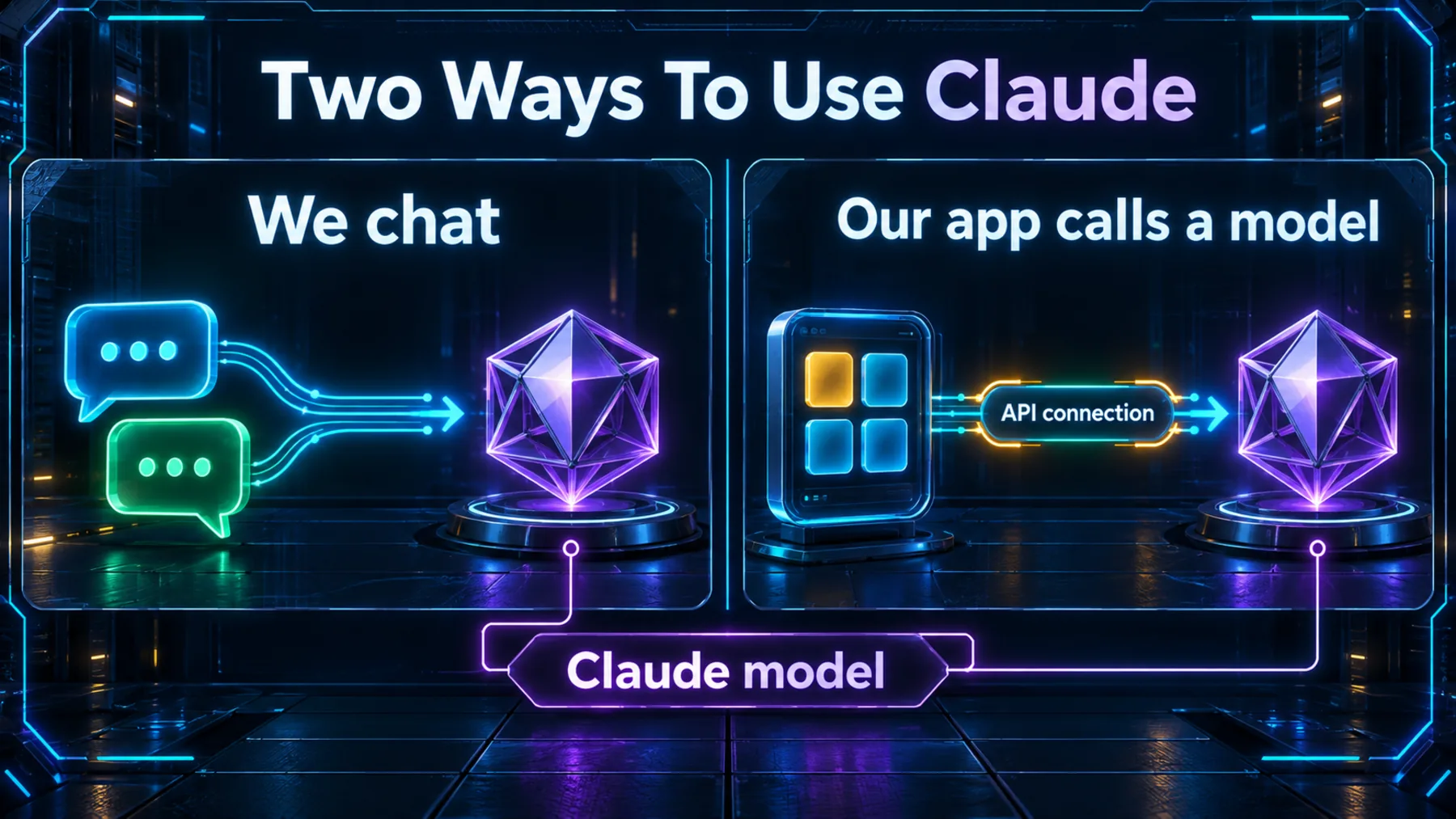 Two conceptual paths contrast chatting with Claude and an app using an API connection to a Claude model.
