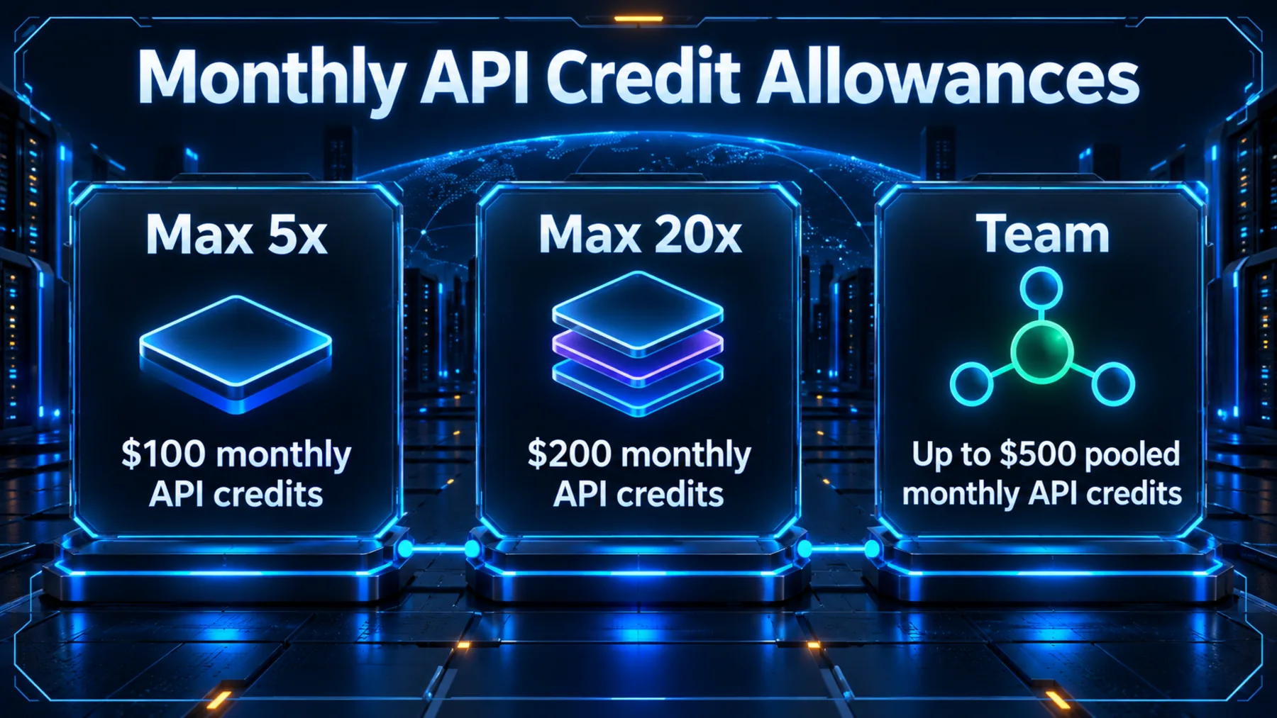 Three equal-sized cards show Max 5x with $100 monthly API credits, Max 20x with $200, and Team with up to $500 pooled monthly API credits.