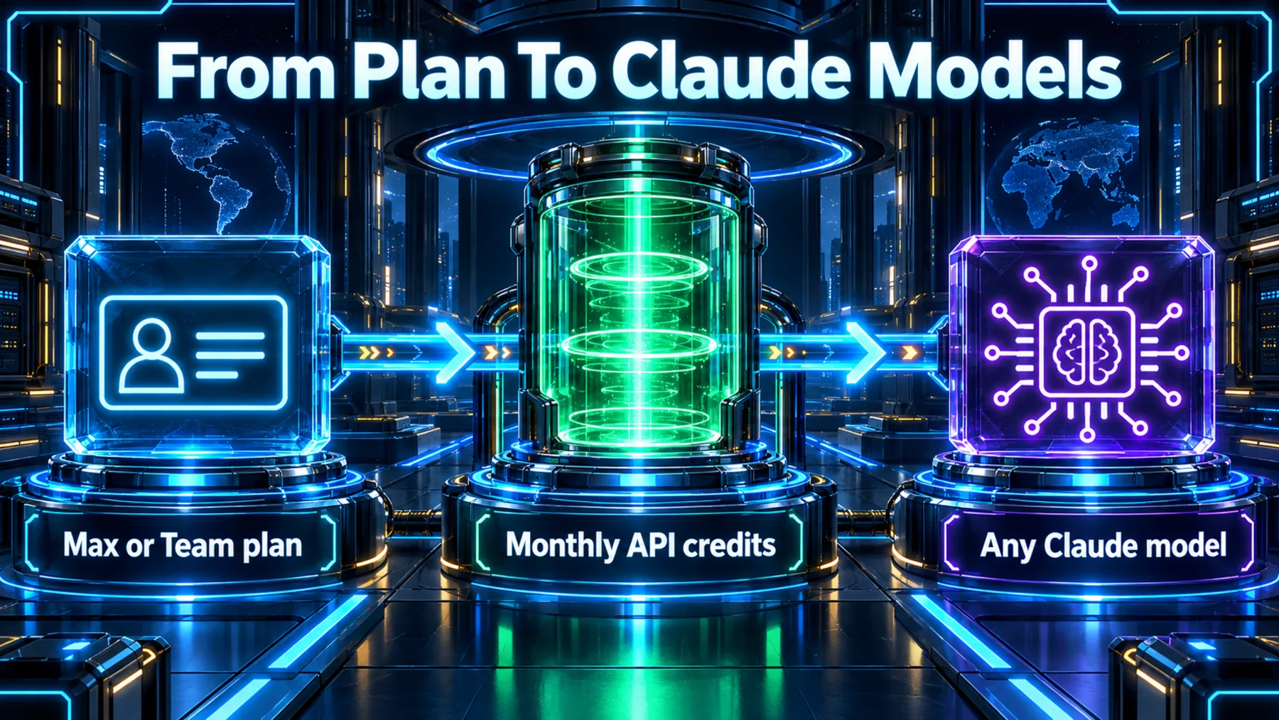 A conceptual three-node flow connects a Max or Team plan to monthly API credits and then to any Claude model.