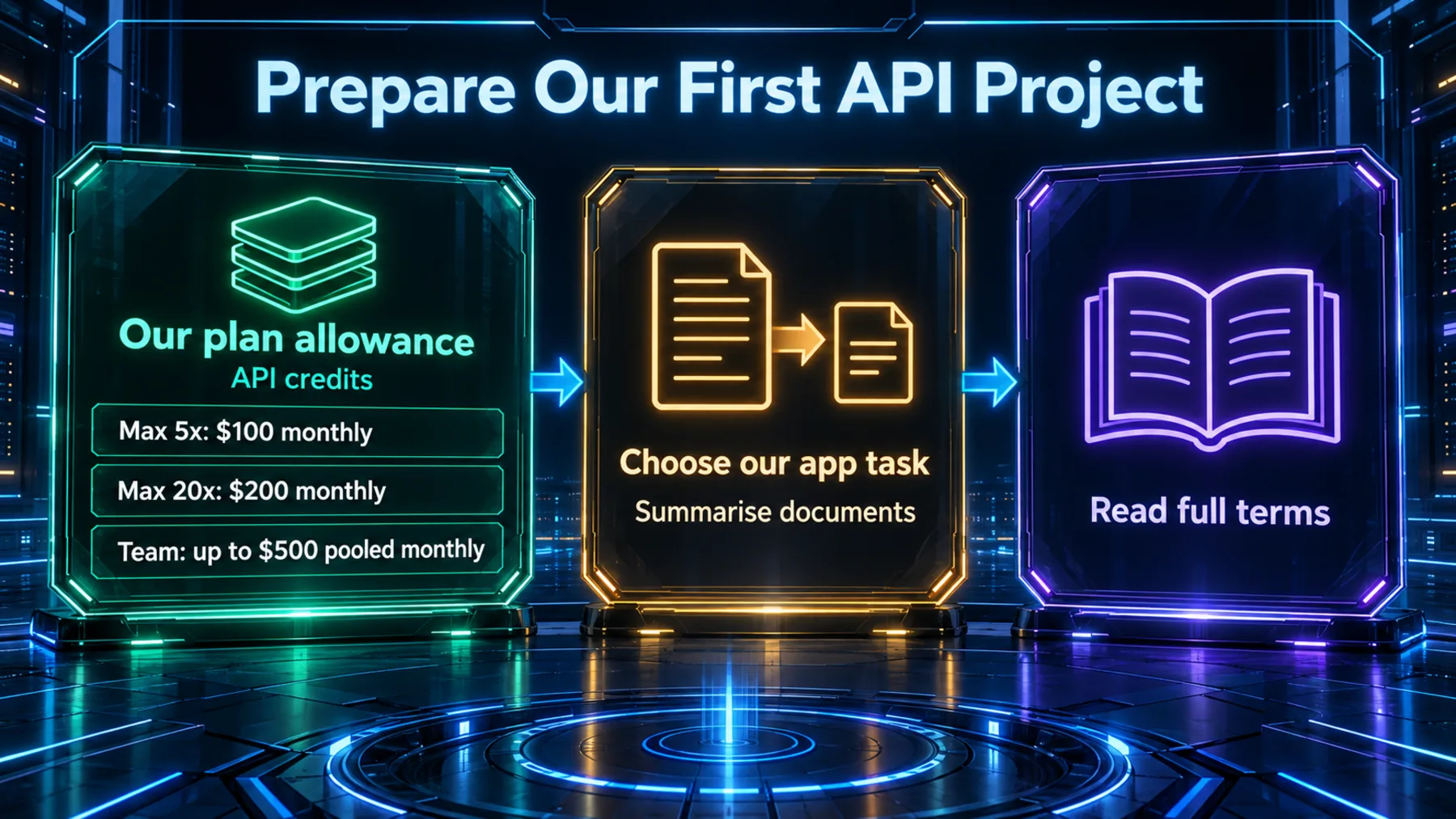 A three-part preparation path: identify our monthly API-credit allowance, choose a document-summary app task, and read full terms before setup.