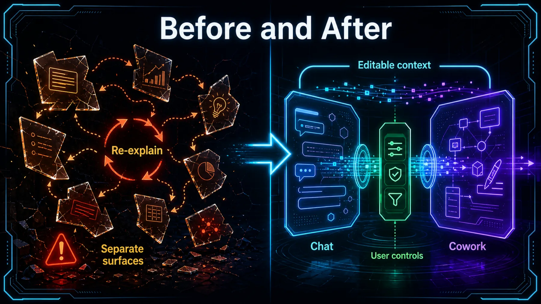Before-and-after comparison of repeated re-briefing versus an editable context moving between chat and Cowork.