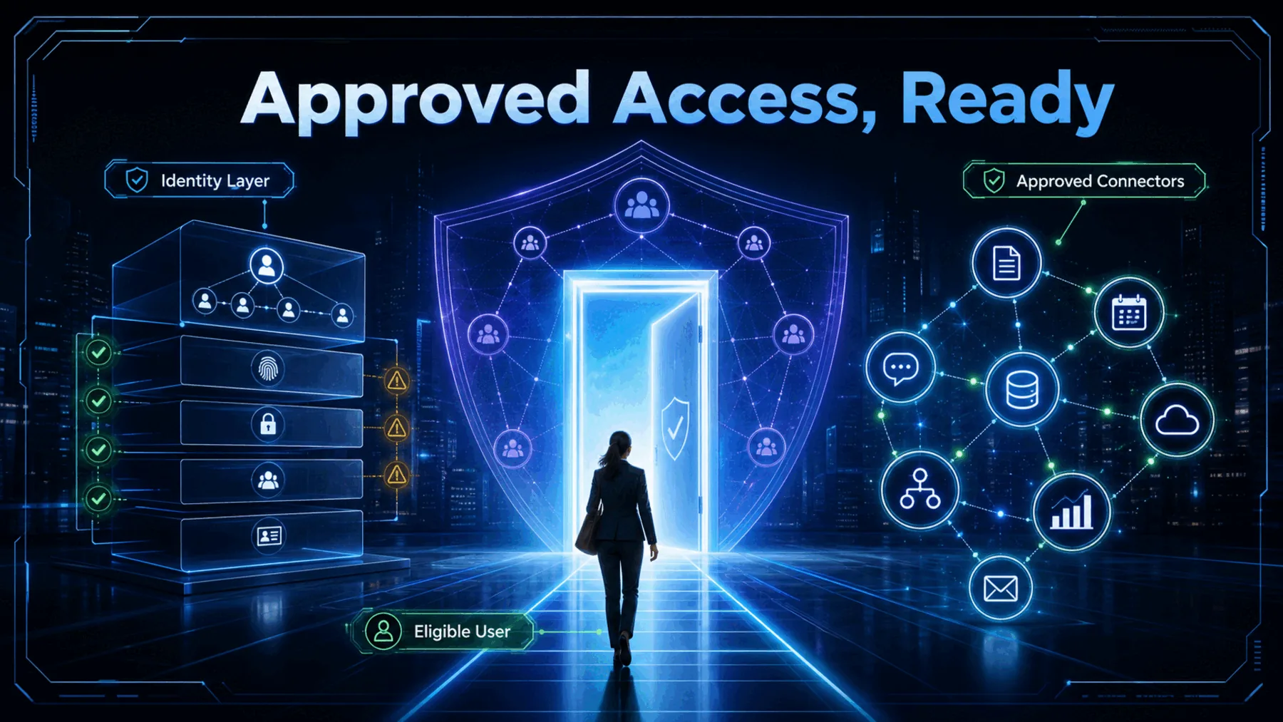 An eligible user approaches an approved connector doorway governed by an enterprise identity layer.