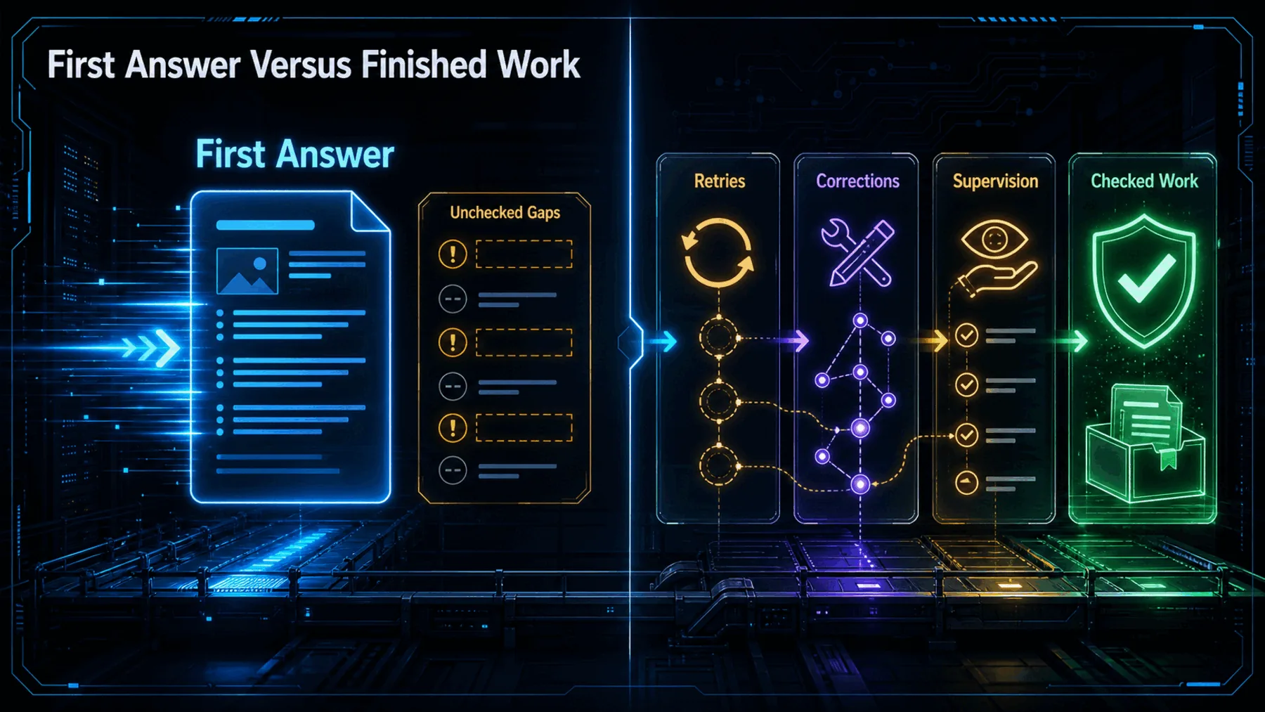 Neon comparison contrasting a fast first answer with retries, corrections, supervision and checked finished work.