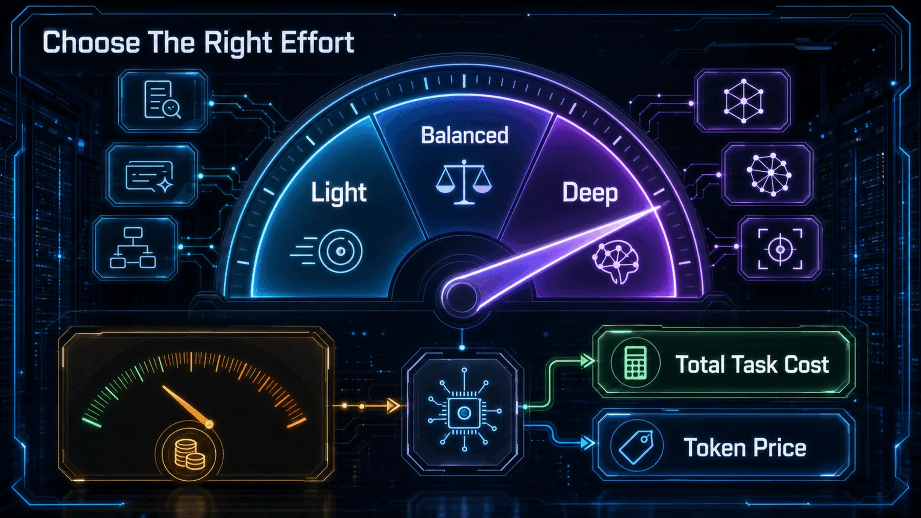 Neon infographic showing an effort dial from light through balanced to deep reasoning, with total task cost separated from token price.