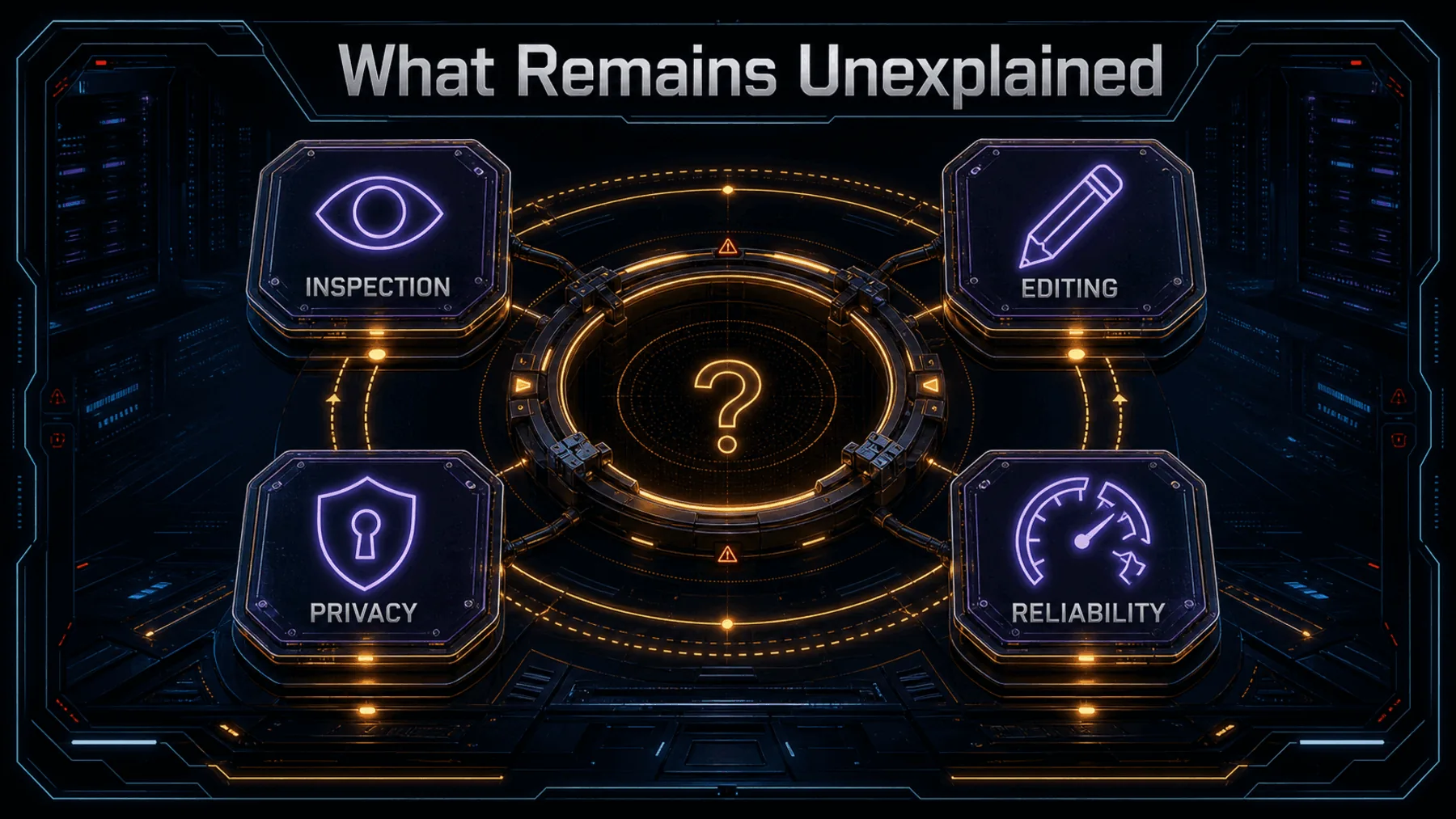 Four question modules show inspection, editing, privacy and reliability details left unexplained.