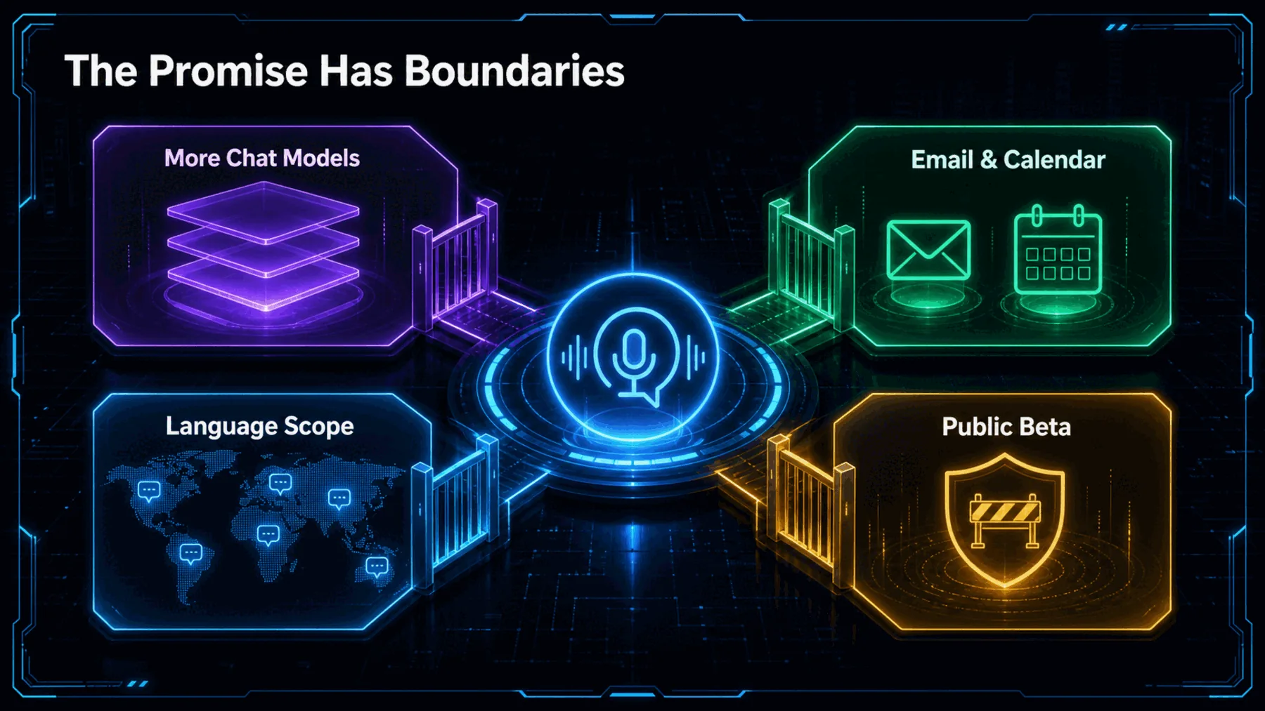 Four bounded panels separate model, connected-tool, language and public-beta scope.