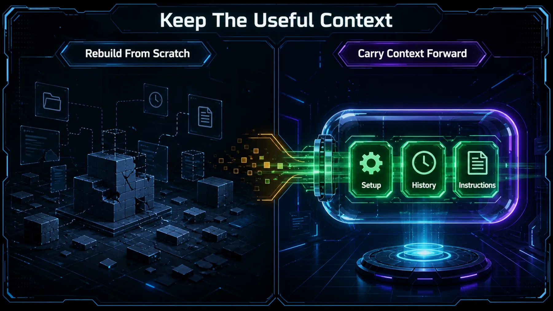 Before-and-after comparison of rebuilding from scratch versus carrying useful context forward.