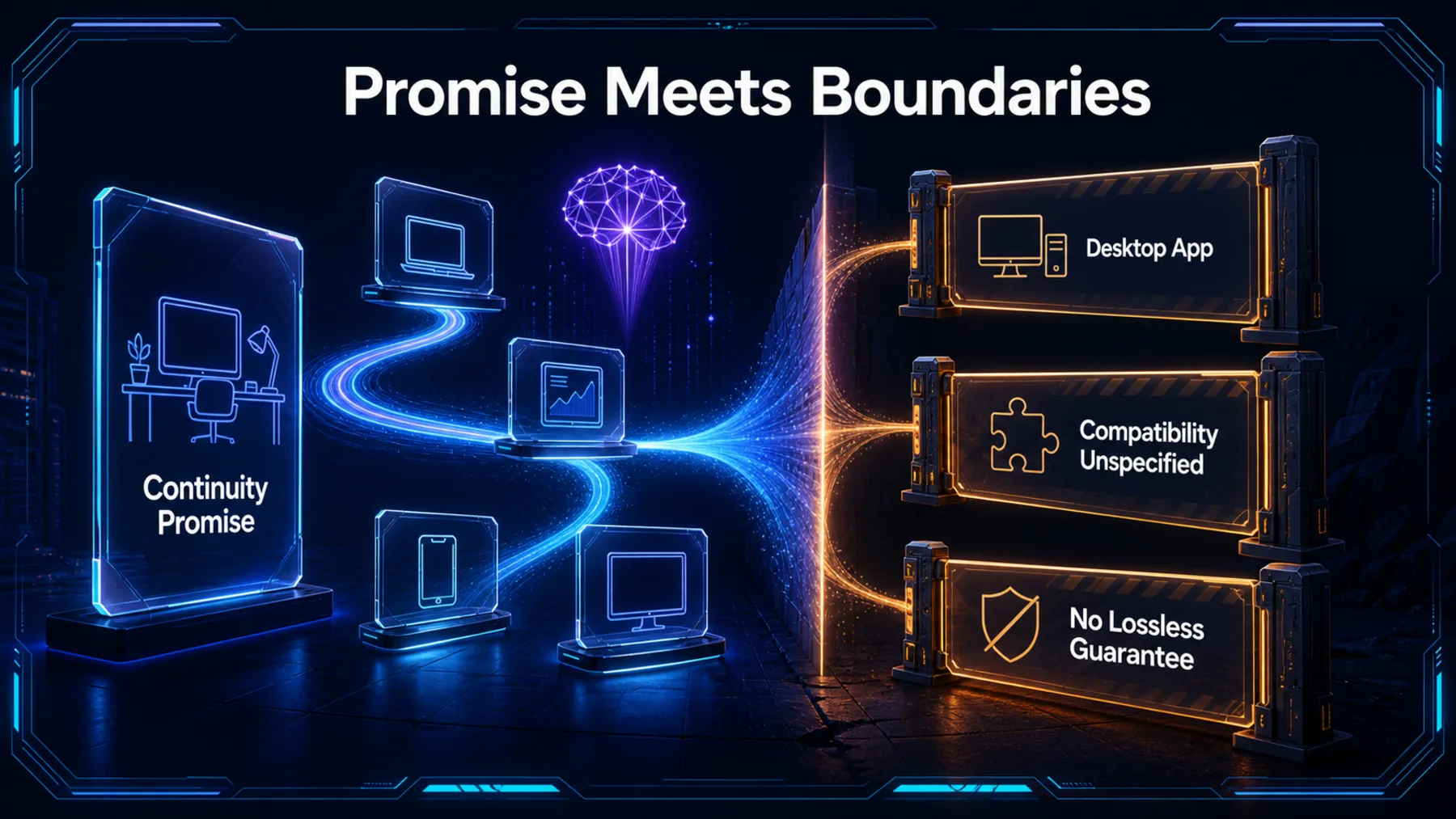 Neon comparison between the continuity promise and three stated product boundaries.