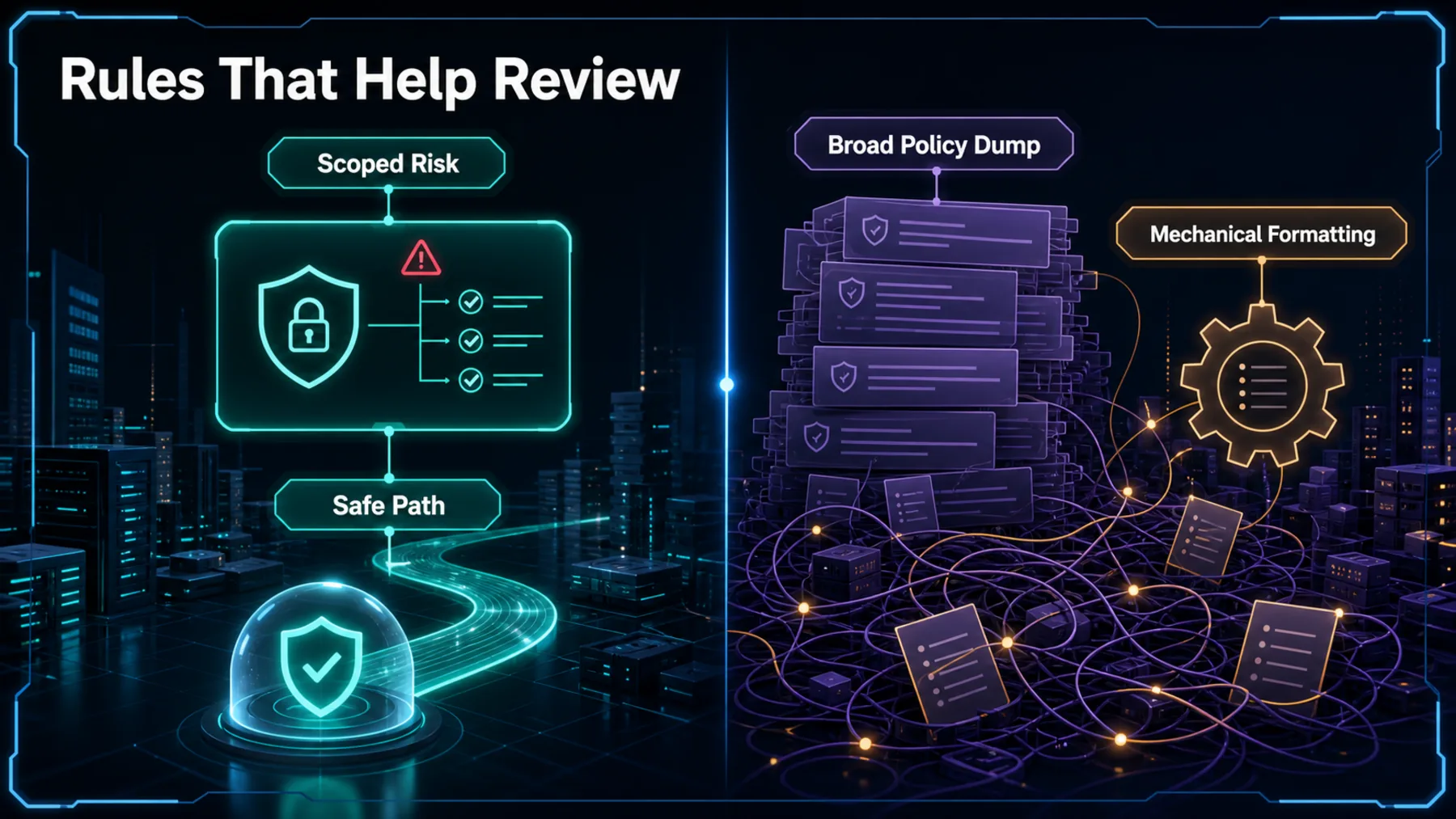 A focused scoped-risk rule and safe path are contrasted with a broad policy dump and mechanical formatting noise.