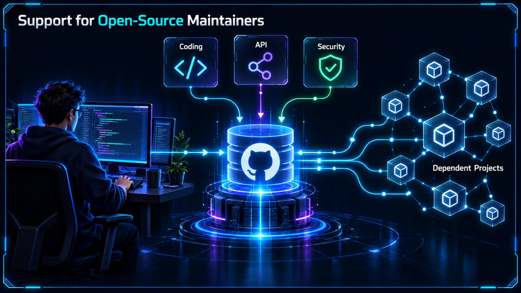 Maintainer and central repository connected to distinct coding, API and security support paths.