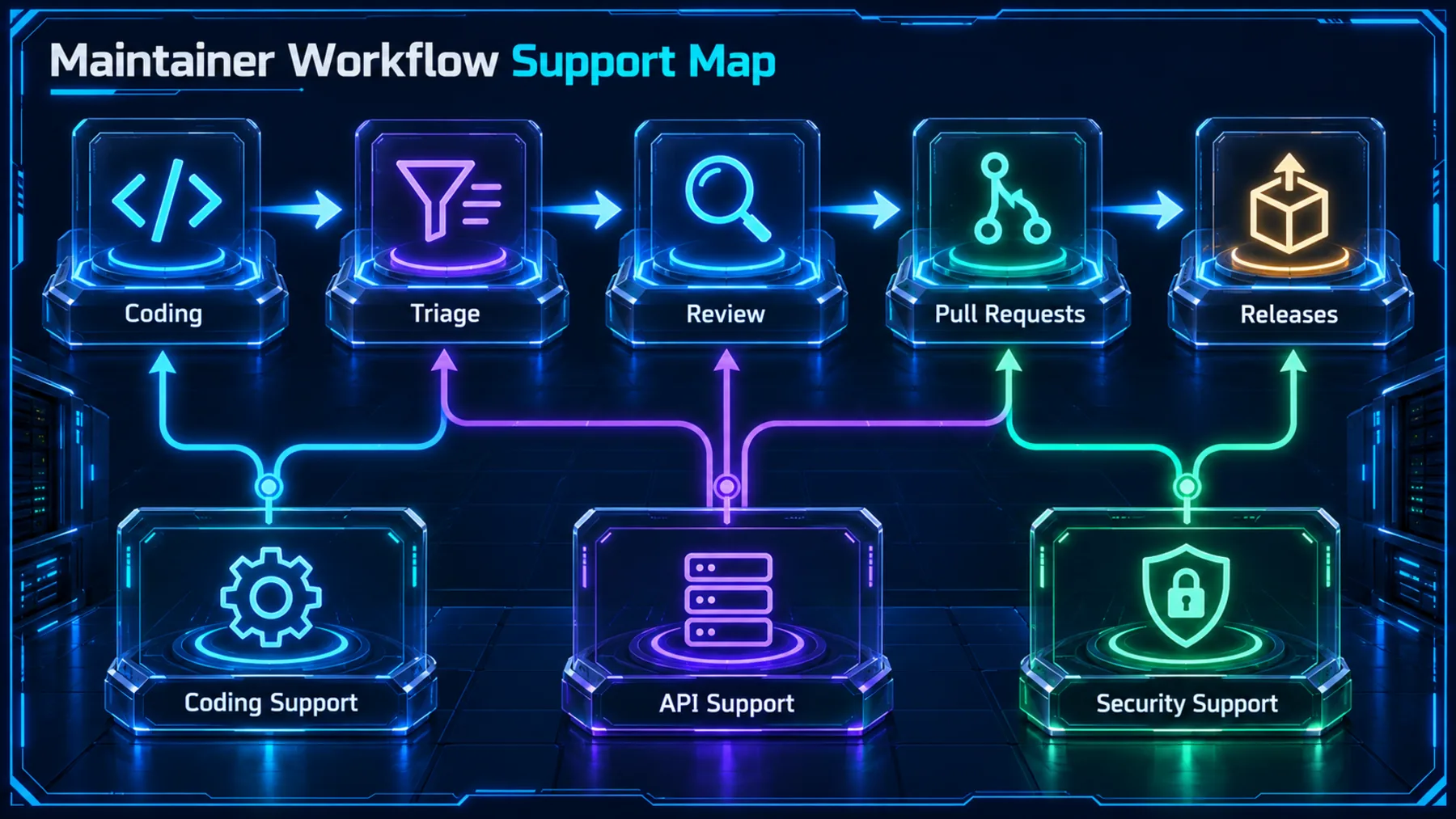 Workflow map connecting maintainer activities to separate support paths.