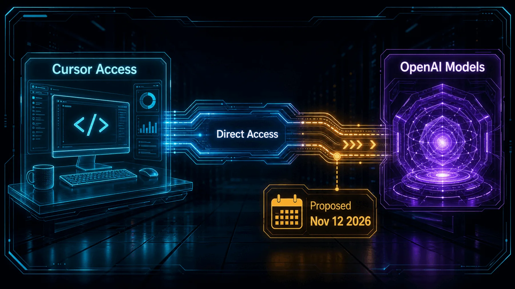 Editorial illustration of Cursor direct access to OpenAI Models winding down, with a proposed November 12 2026 date.