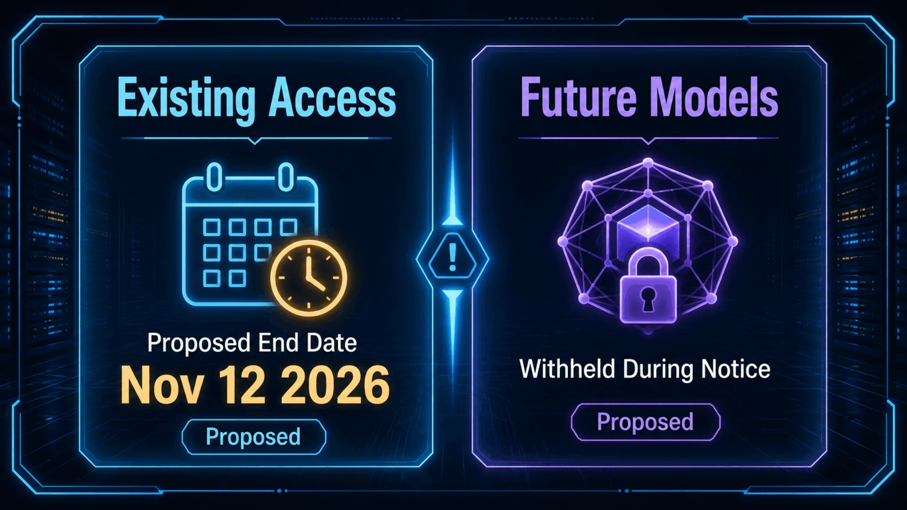 Two-column comparison of a proposed end date for existing access and future models withheld during notice.