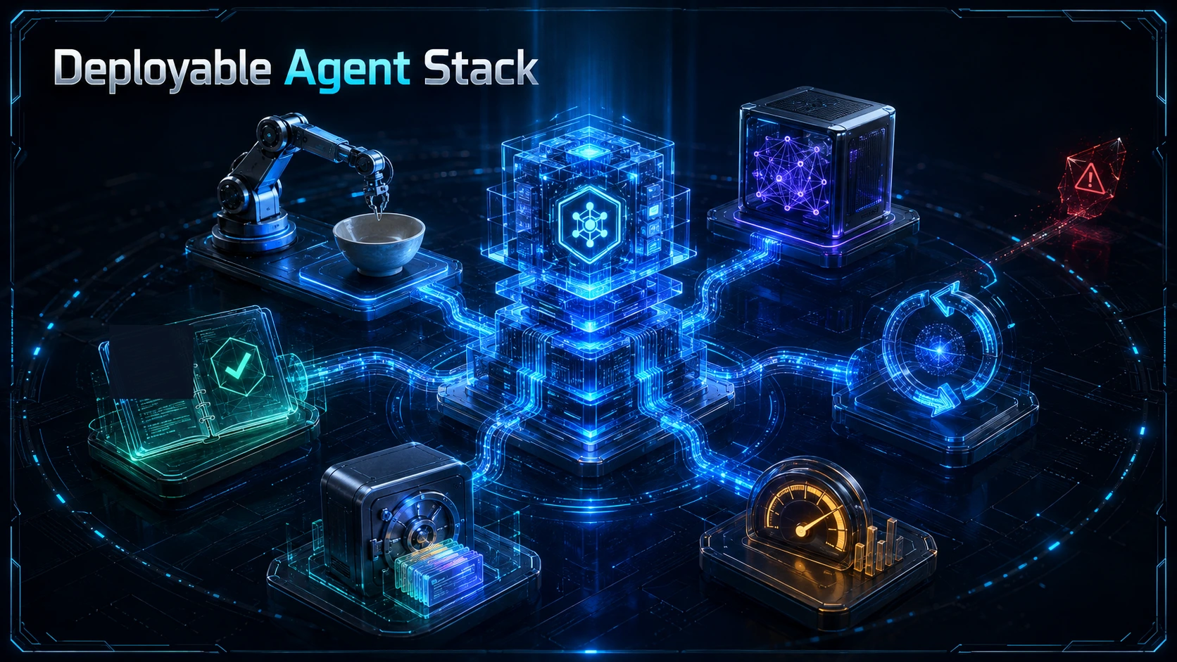 An illuminated, connected agent infrastructure stack with persistent memory and observability layers